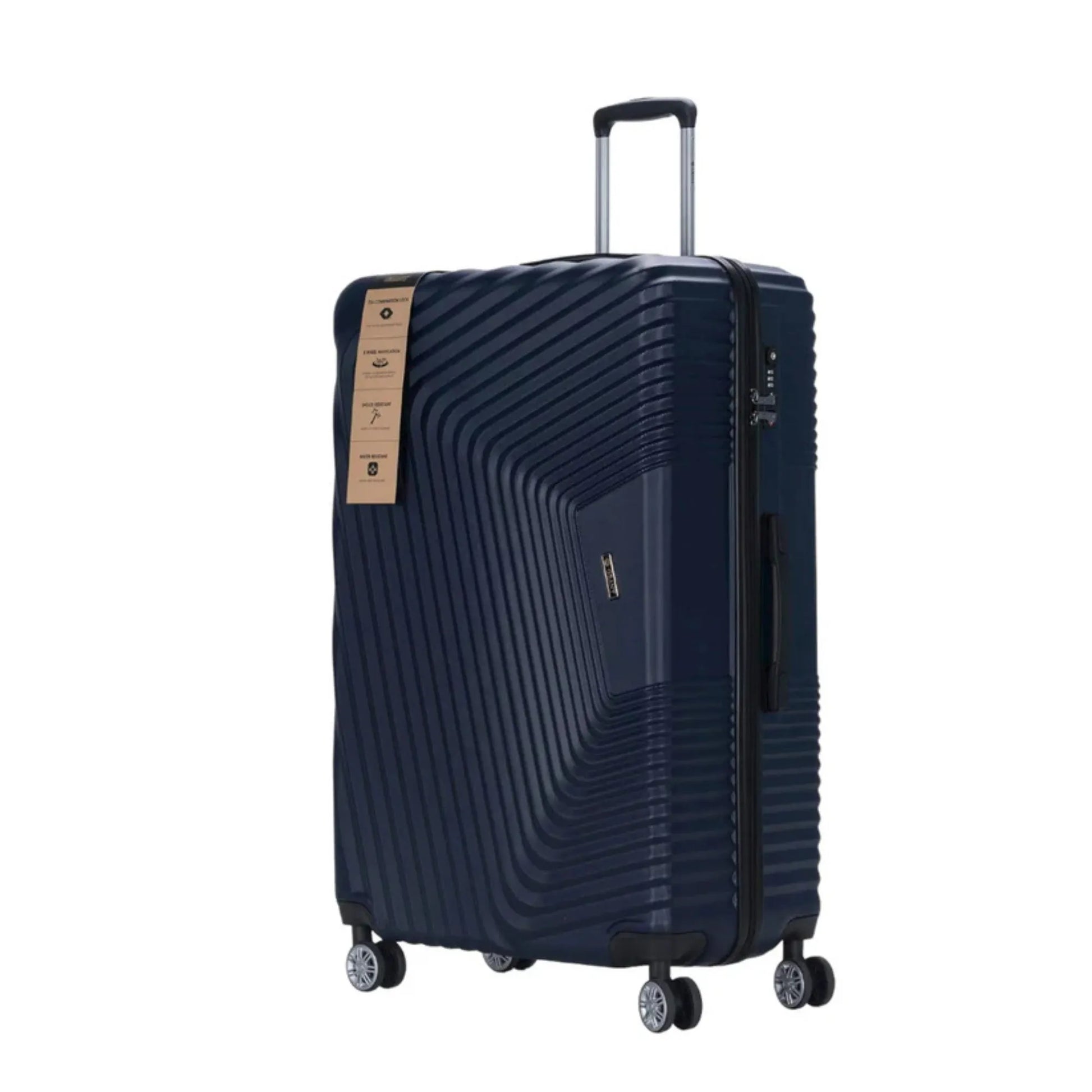 Navy blue suitcase with a textured design on a white background