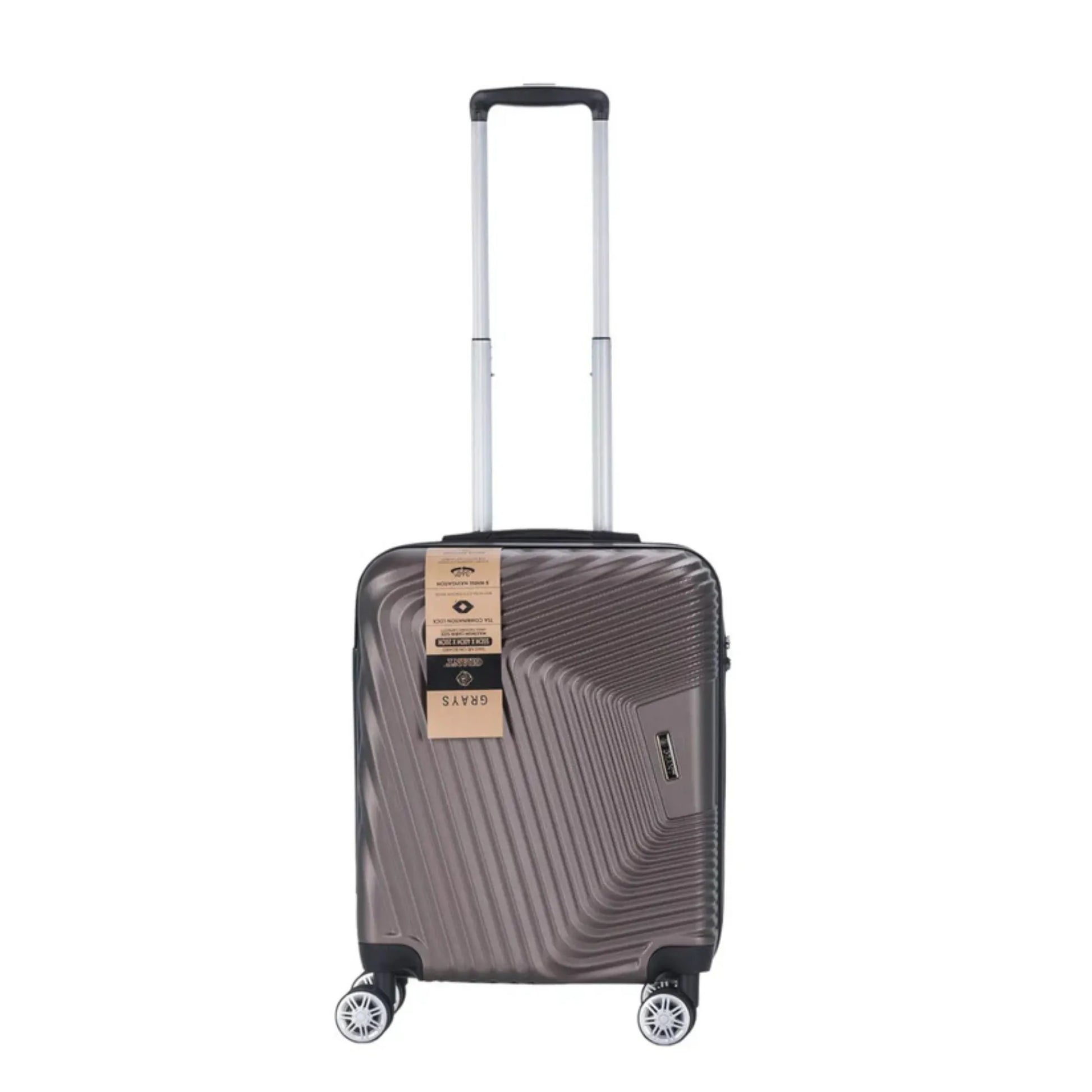 Brown suitcase with a visible brand label on a white background