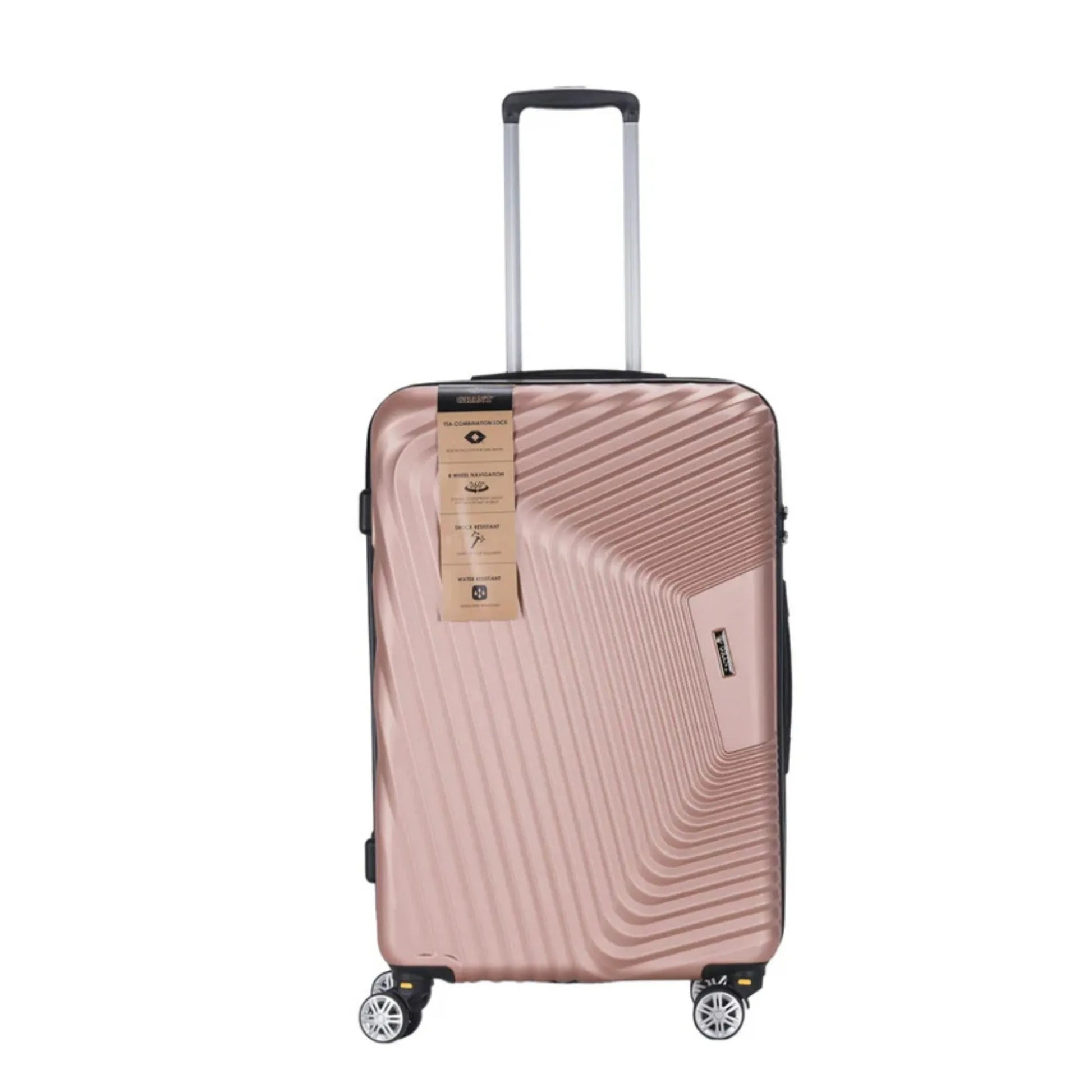 Rose gold suitcase with a visible brand label on a white background