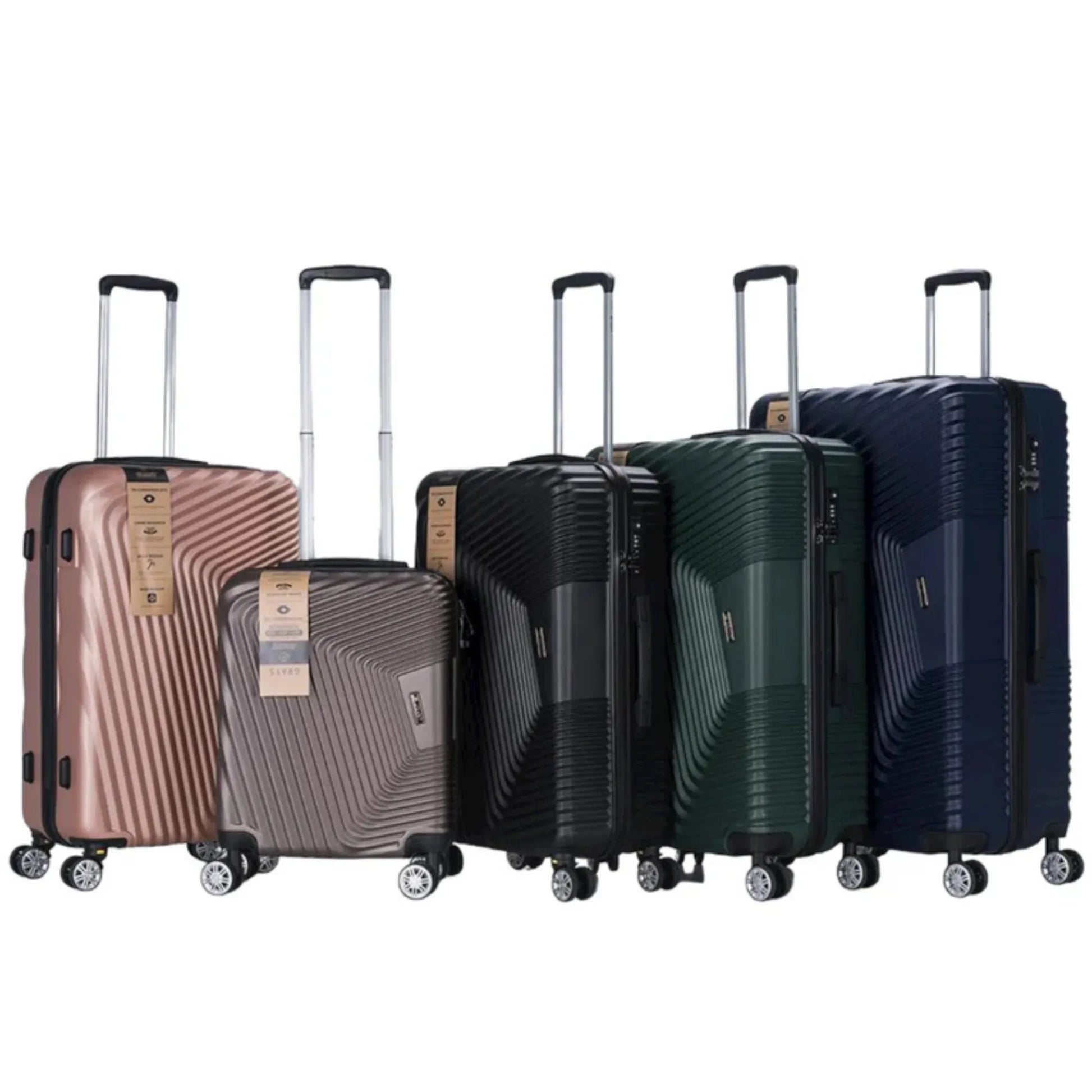 Set of five suitcases in different colors on a white background
