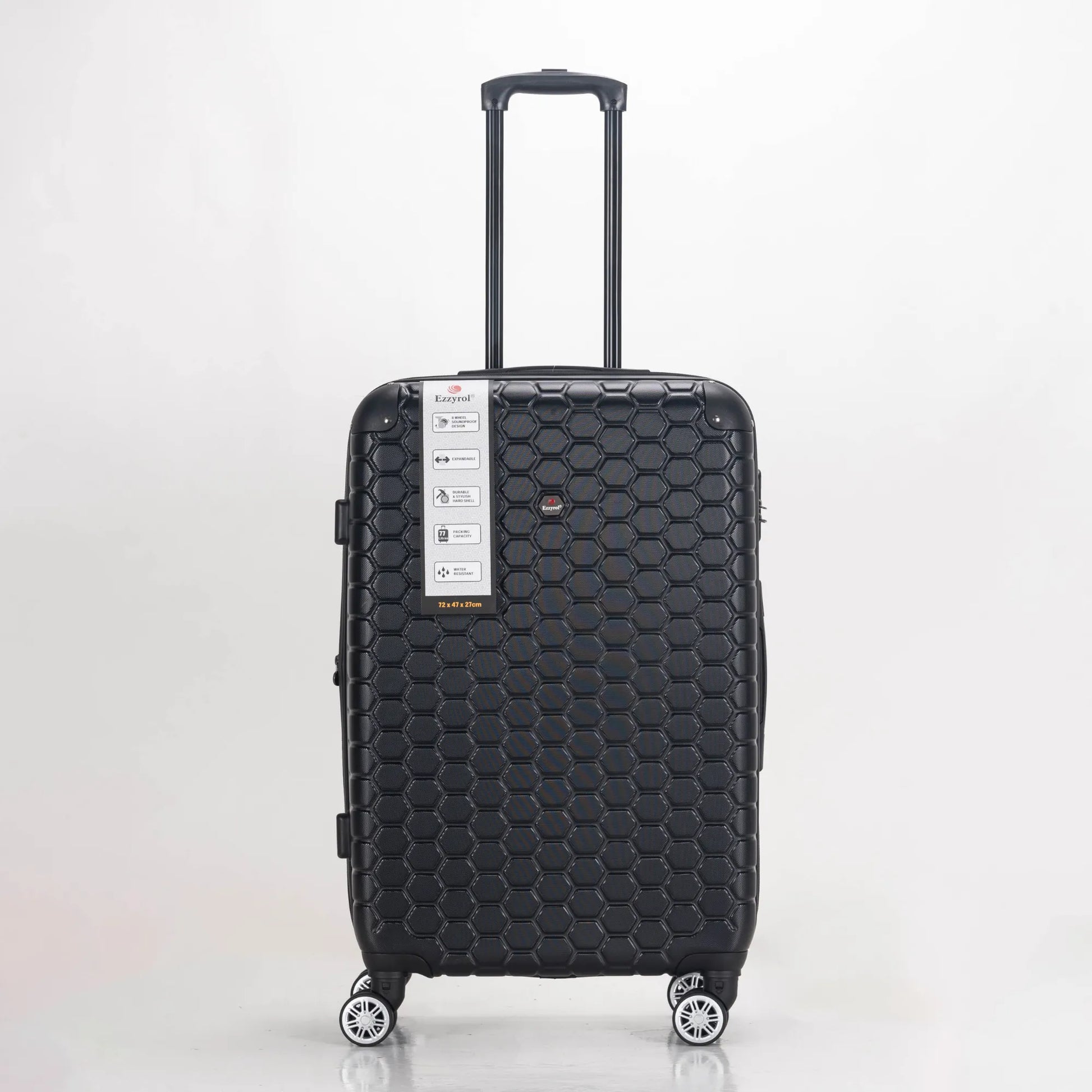 Black textured suitcase with wheels on a white background