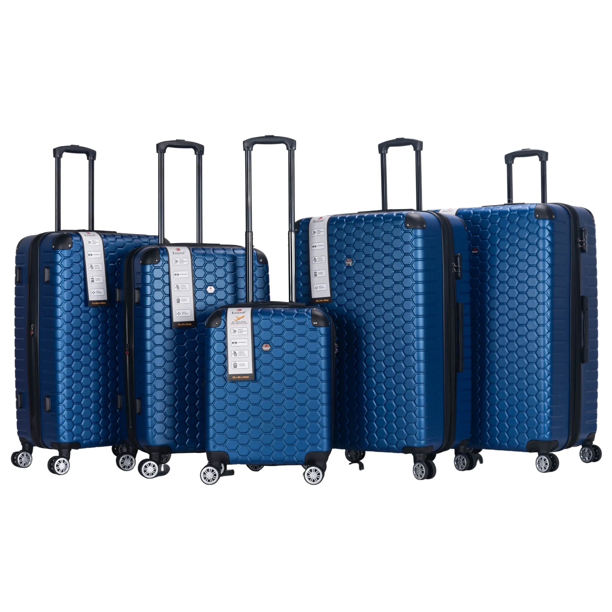 Set of blue suitcases with honeycomb pattern on a white background
