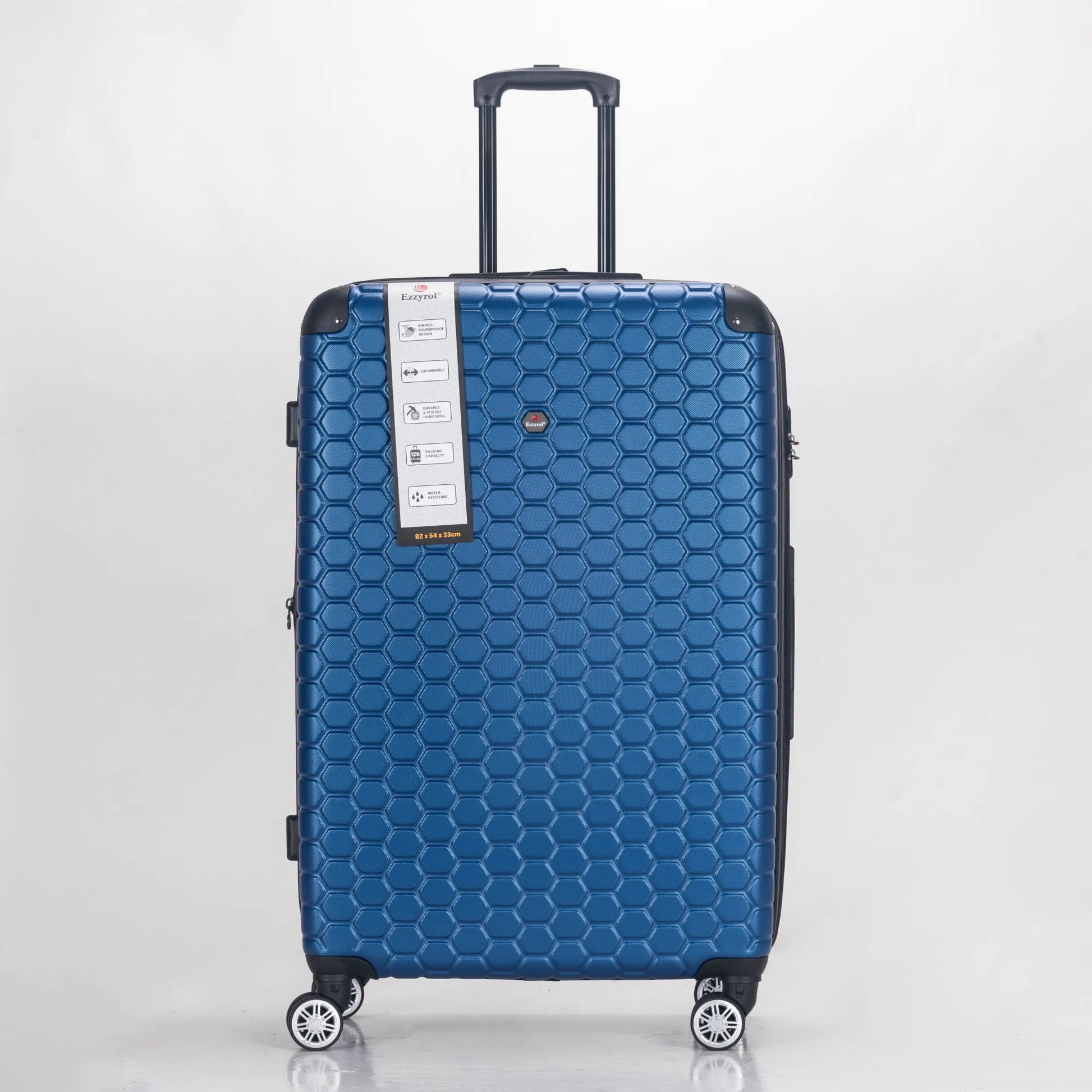 Blue suitcase with honeycomb pattern on a white background