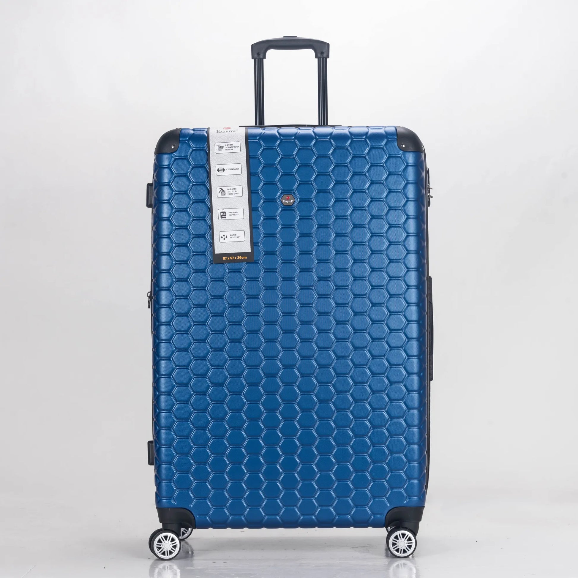 Blue suitcase with honeycomb pattern on a white background