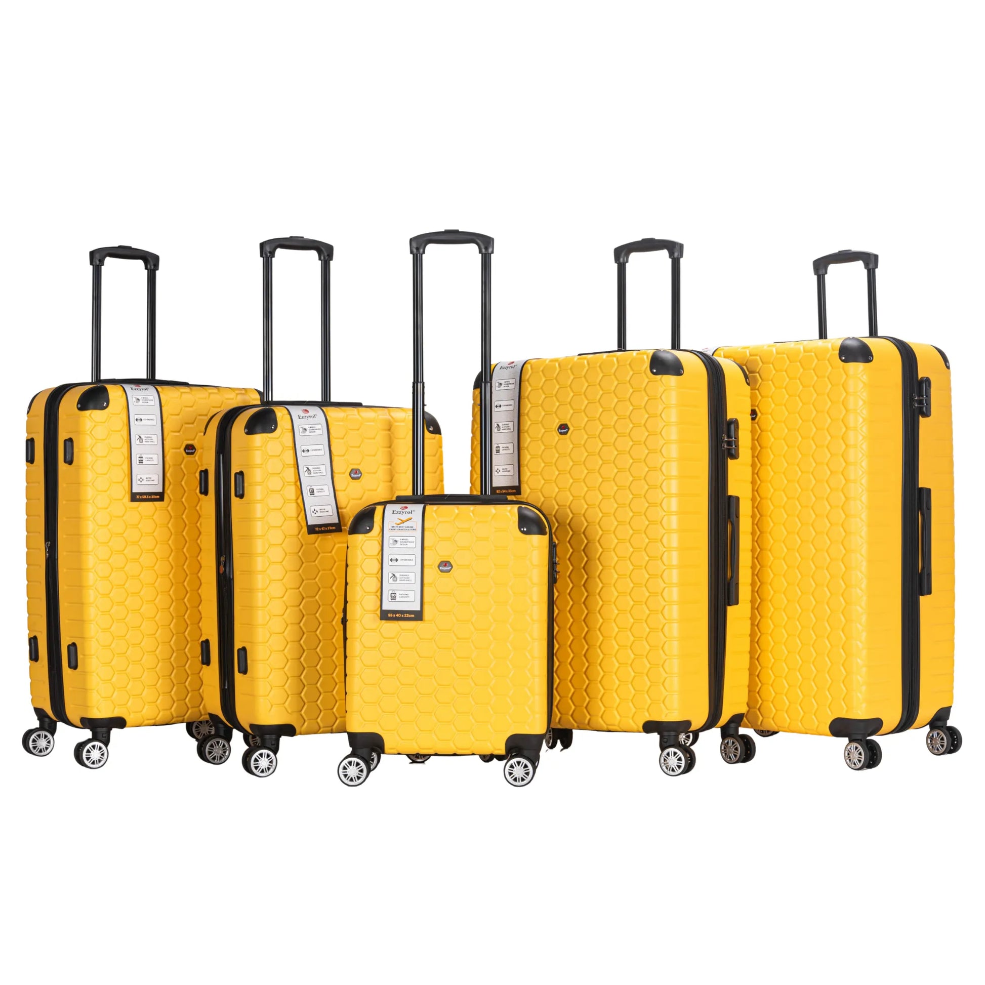 Set of yellow suitcases with black handles and wheels on a white background