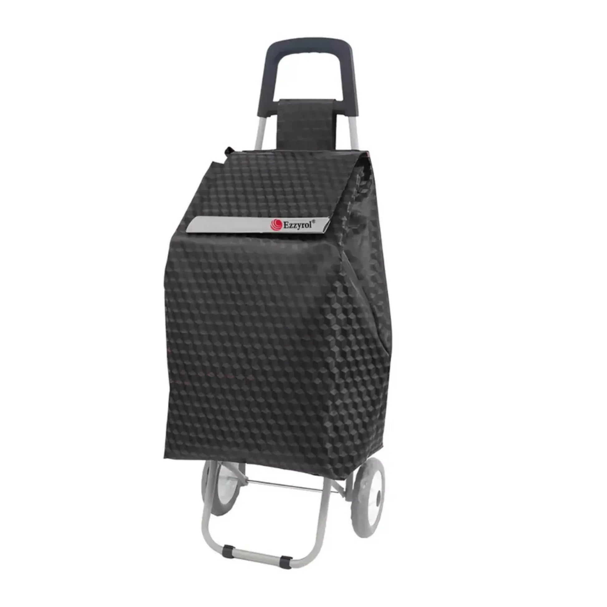 Black checkered shopping cart cover with Ezypal logo on a white background