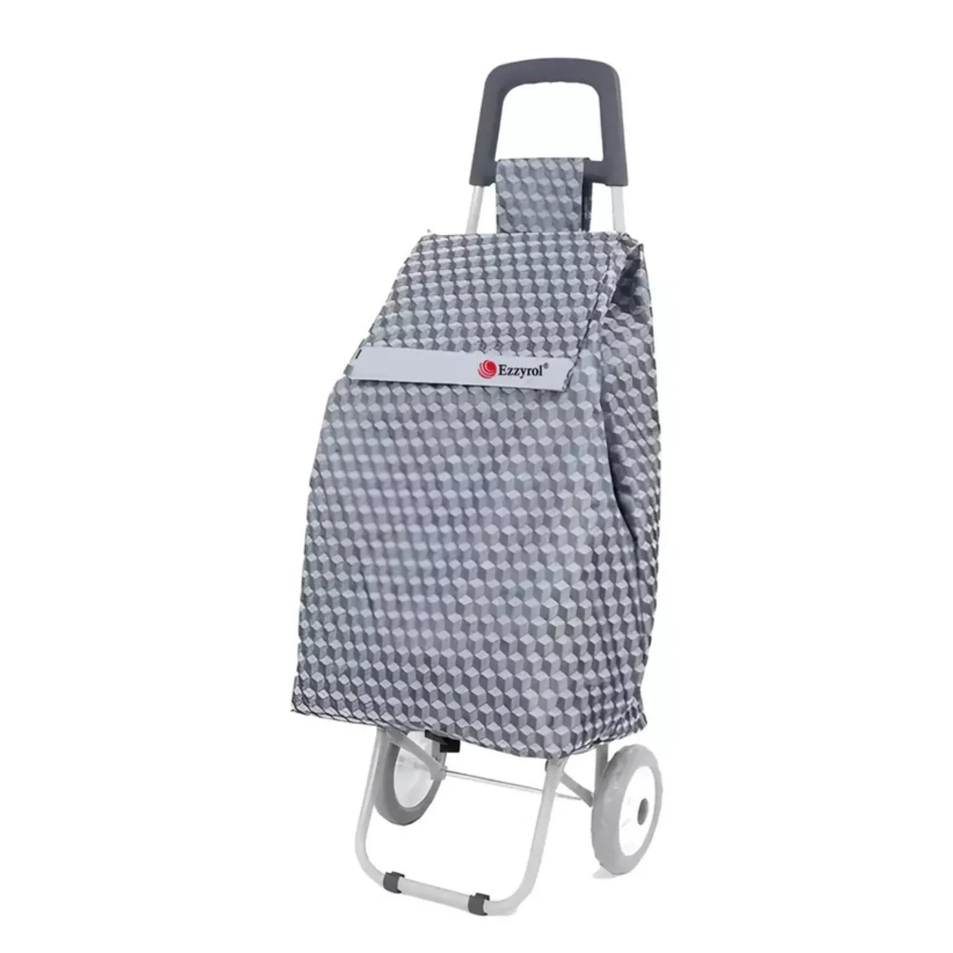 Checkered shopping cart with a visible brand logo on a white background
