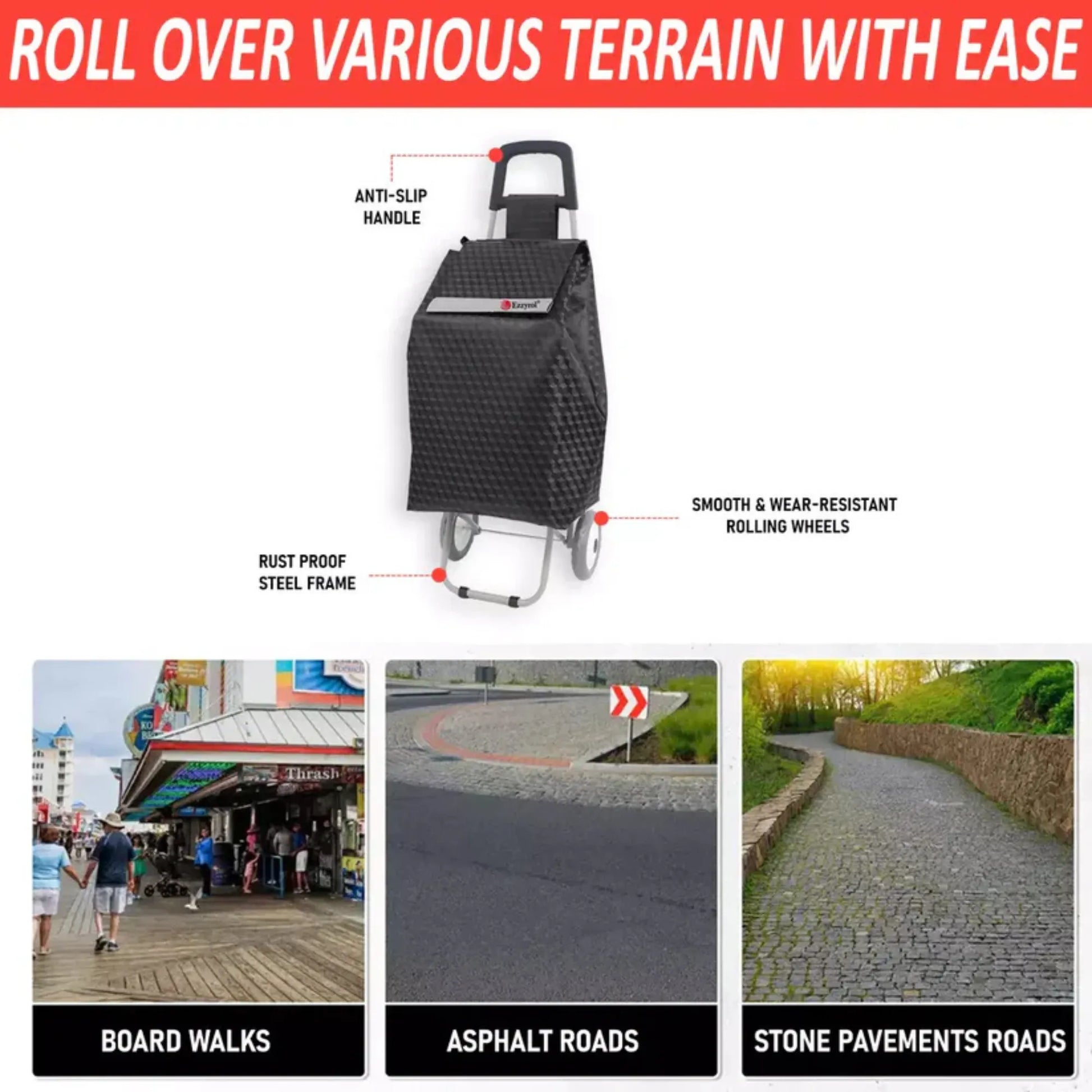 Black shopping cart with features highlighted on a white background, showing its use on different terrains.