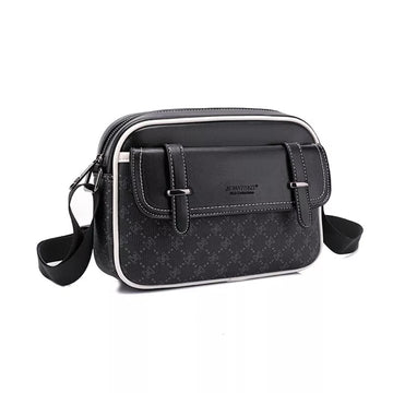 Black crossbody bag with white accents on a white background