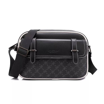 Black patterned shoulder bag with visible brand logo on a white background