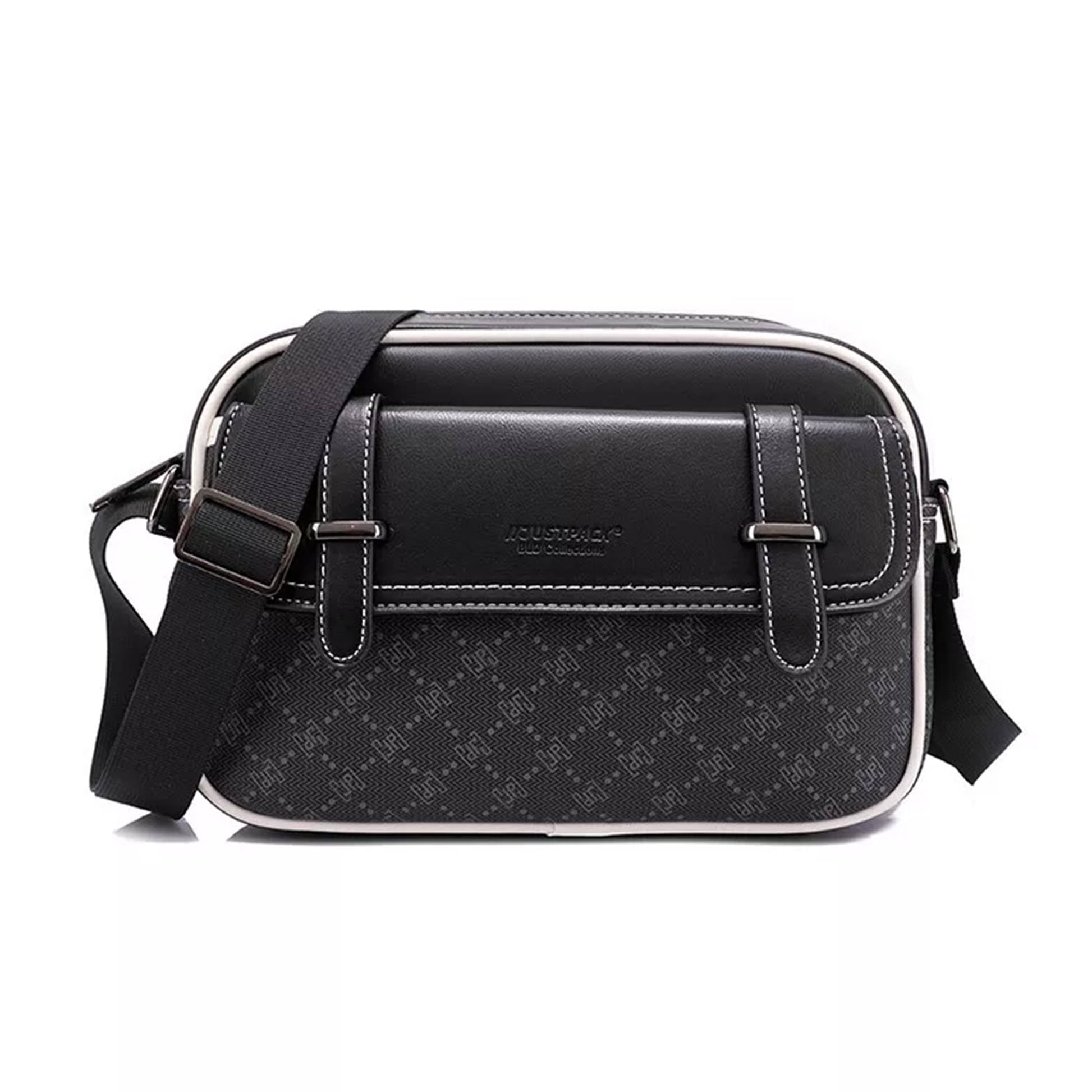 Black patterned shoulder bag with visible brand logo on a white background
