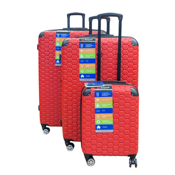Set of red suitcases with labels on a white background