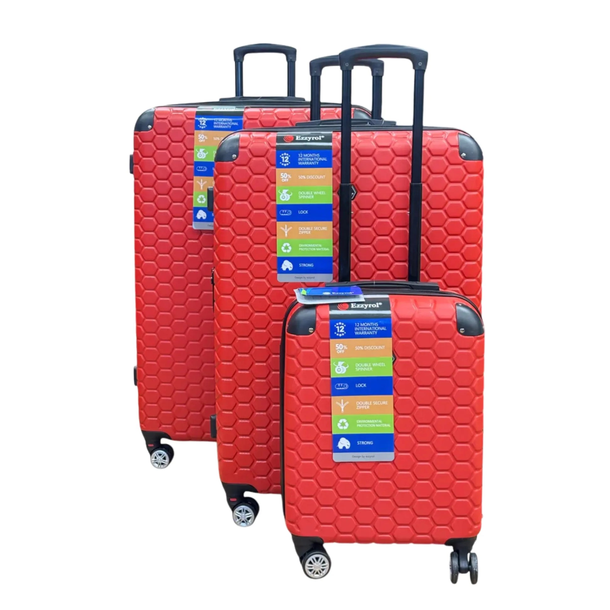 Set of red suitcases with labels on a white background