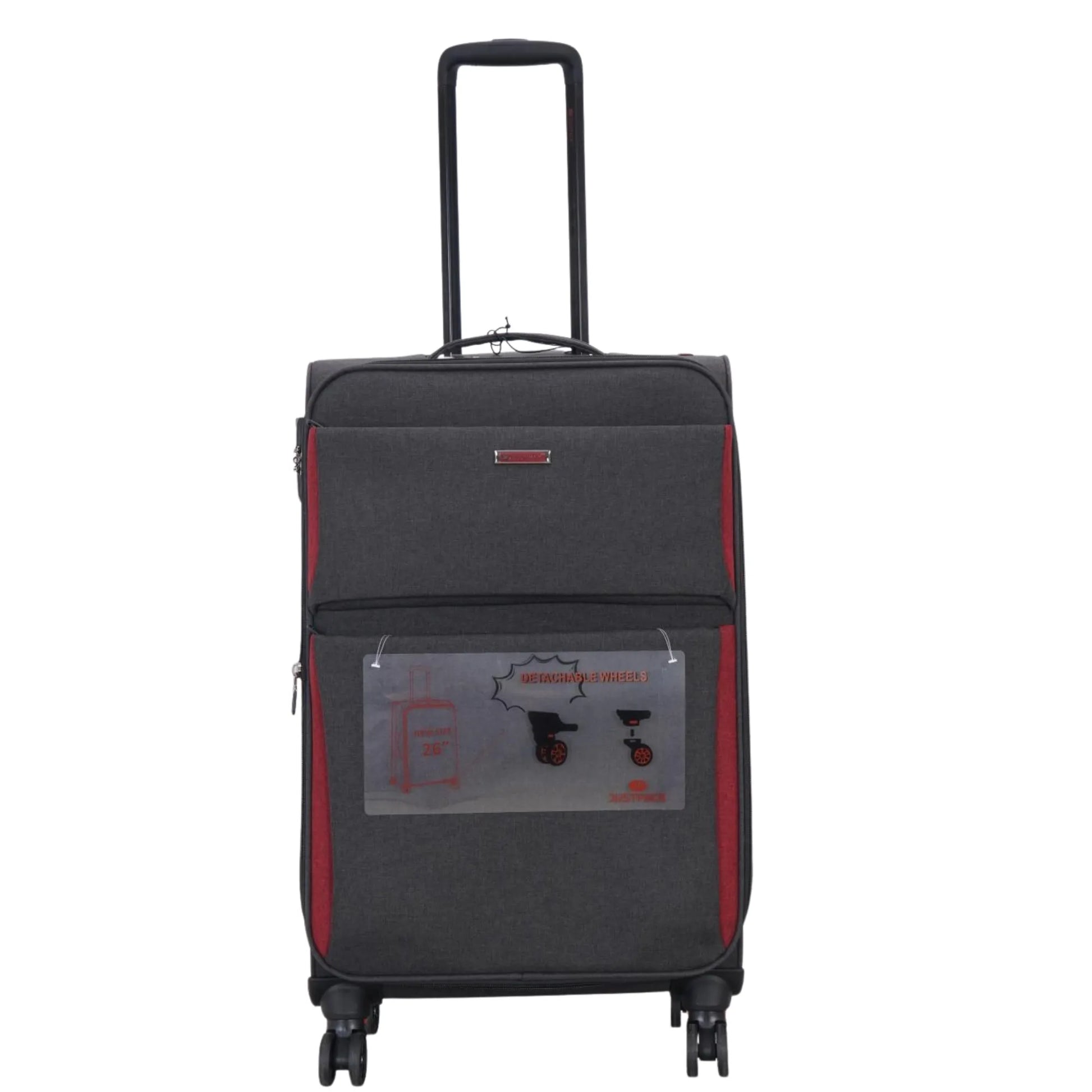 Black and red suitcase with a clear window on a white background