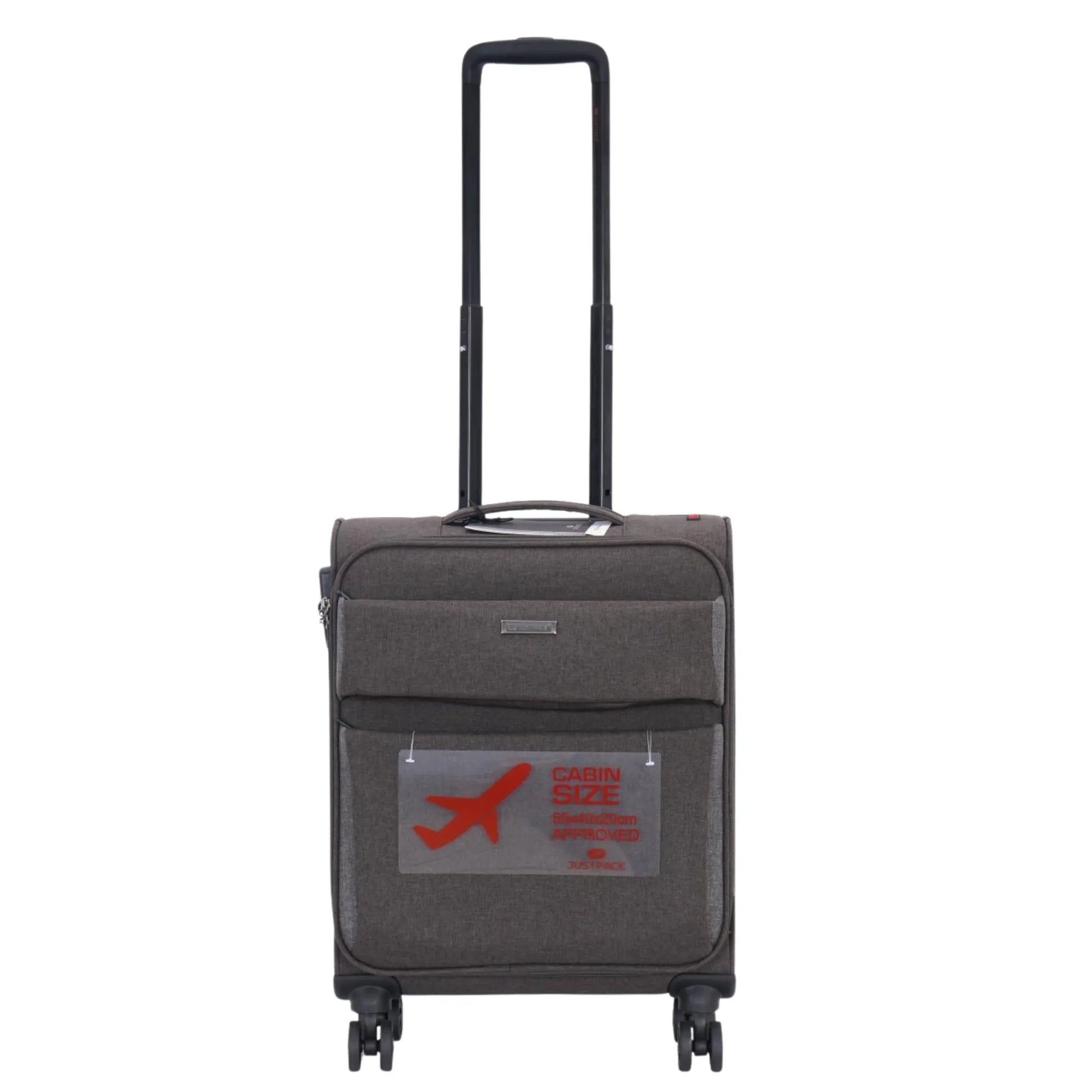 Gray suitcase with a clear tag featuring an airplane icon on a white background