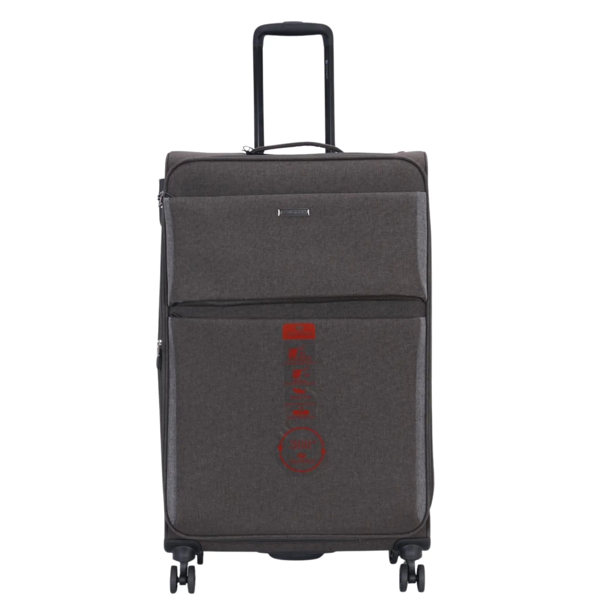 Gray suitcase with a red logo on a white background