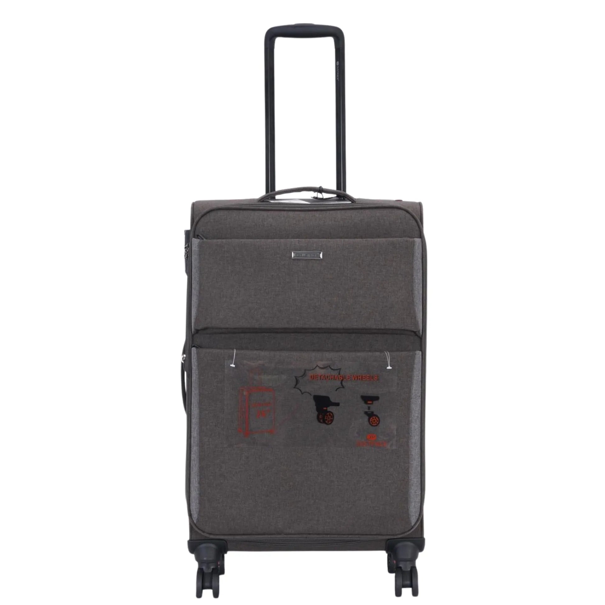Gray suitcase with a logo on a white background