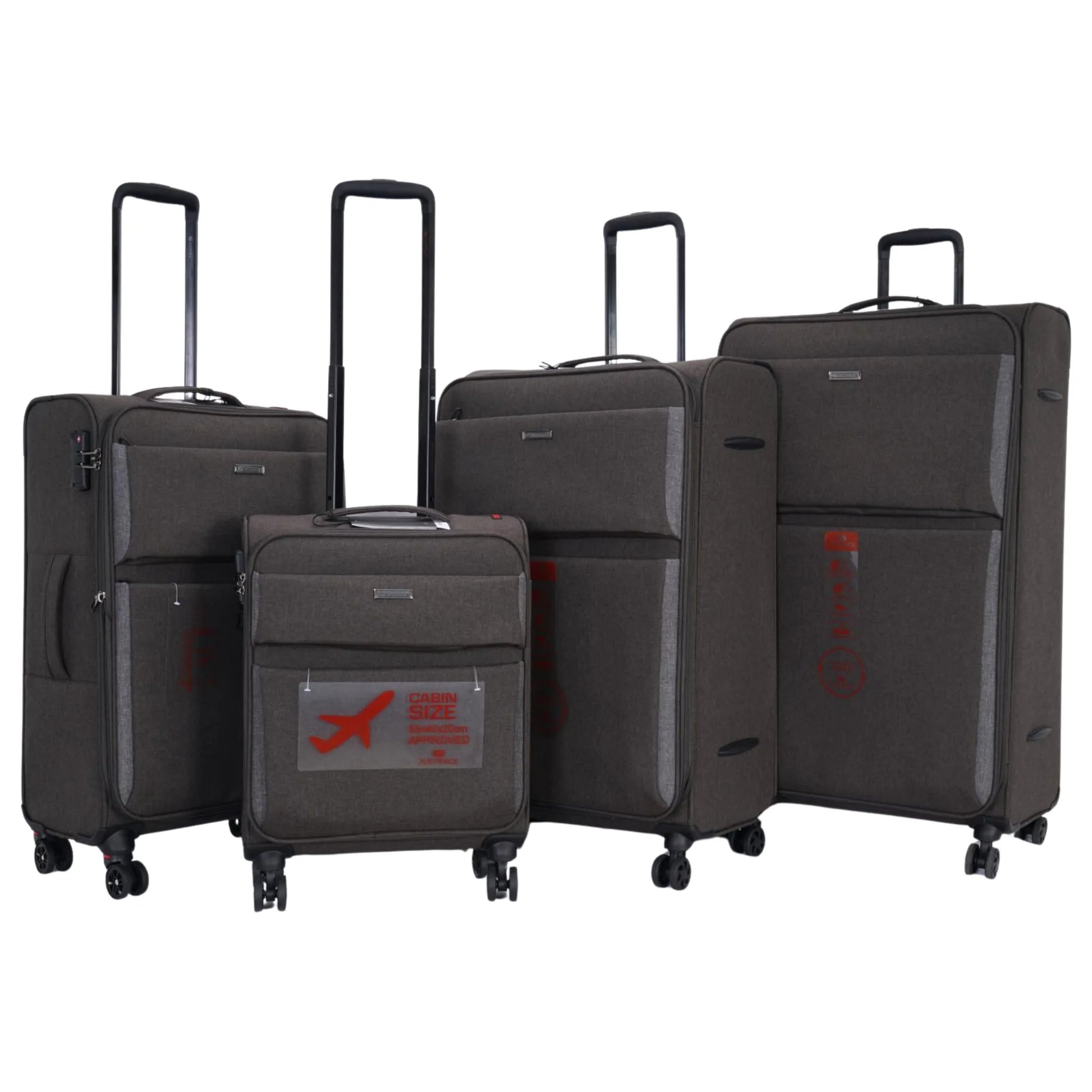 Set of brown olive suitcases with visible brand logo on a white background