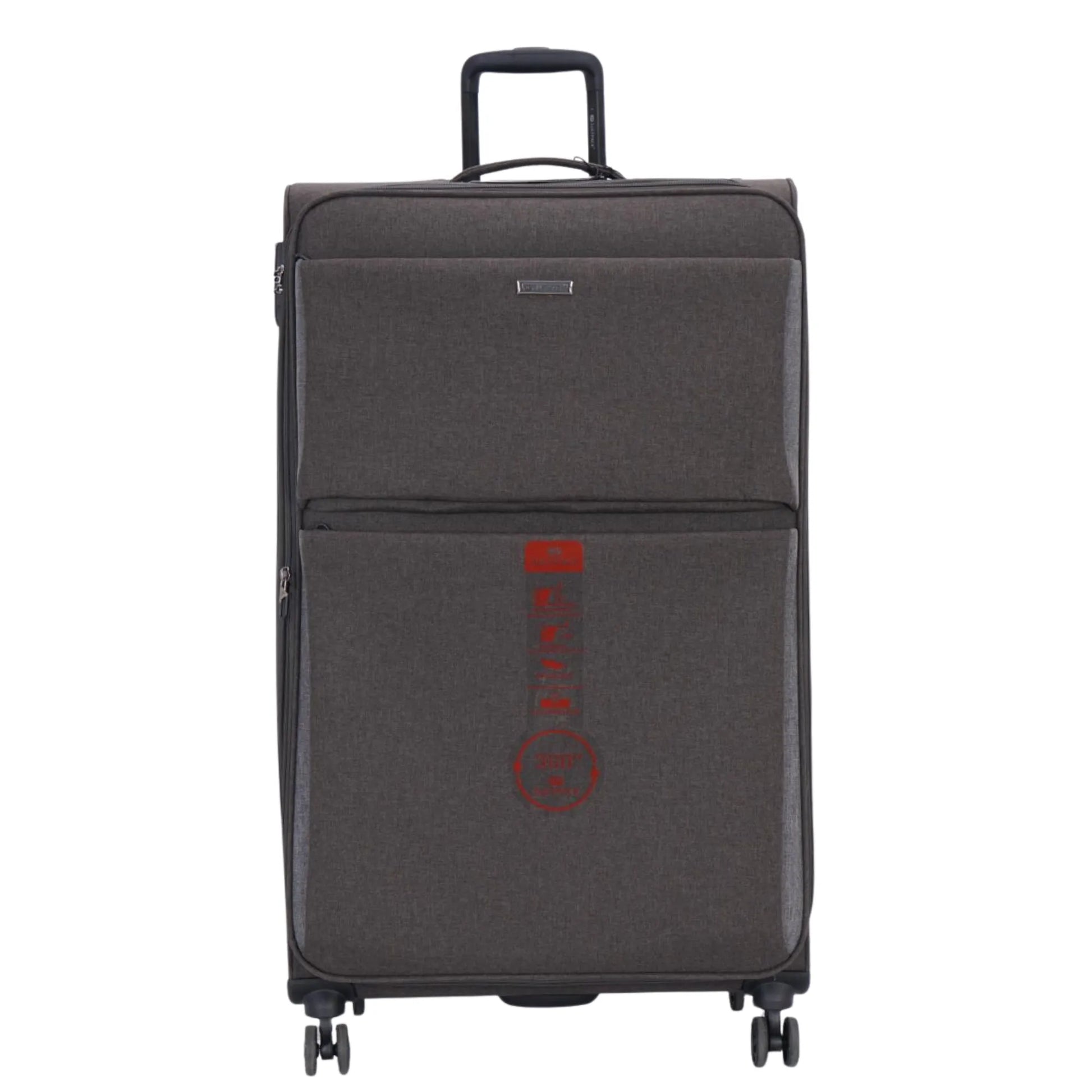 Gray suitcase with a red logo on a white background