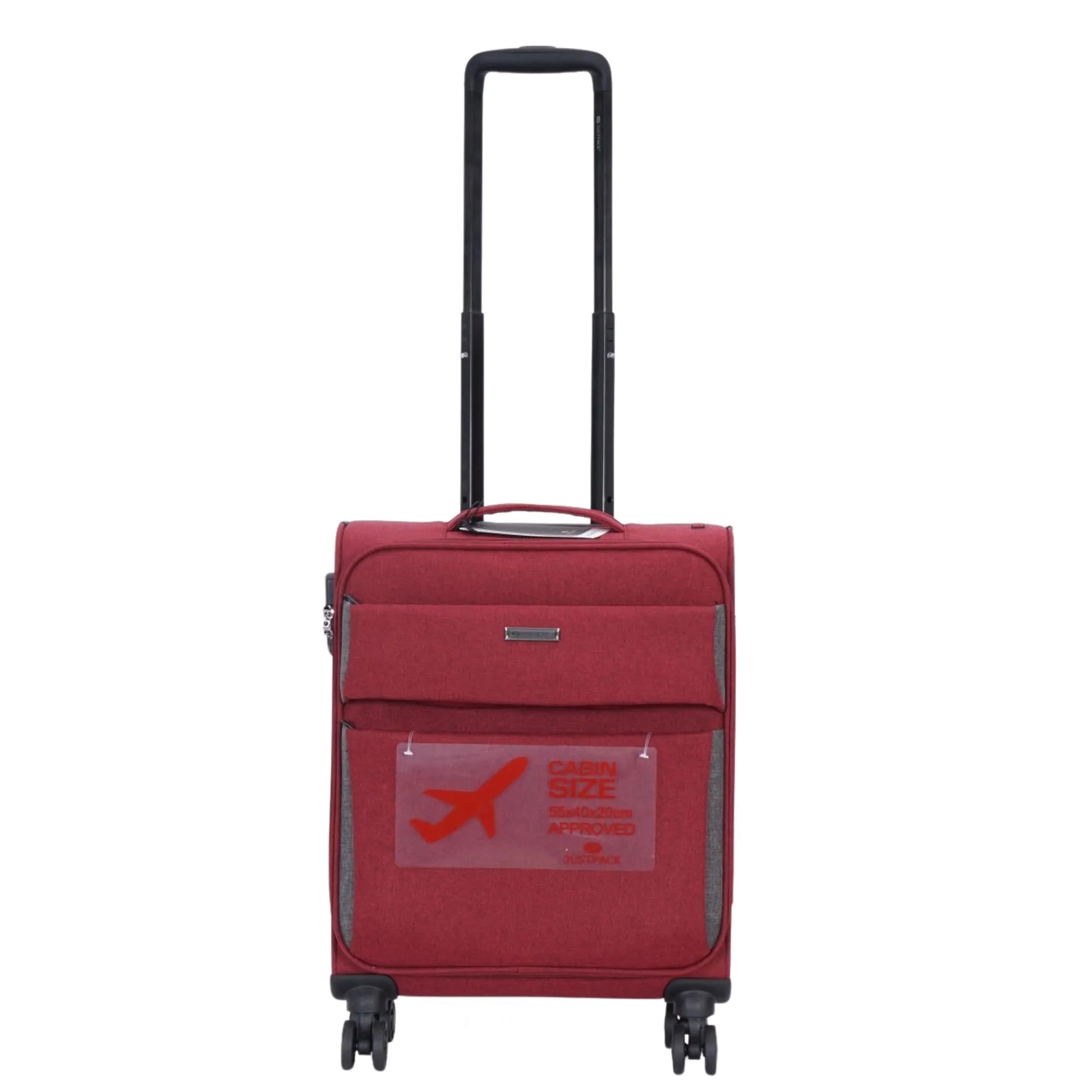 Red suitcase with a clear tag on a white background