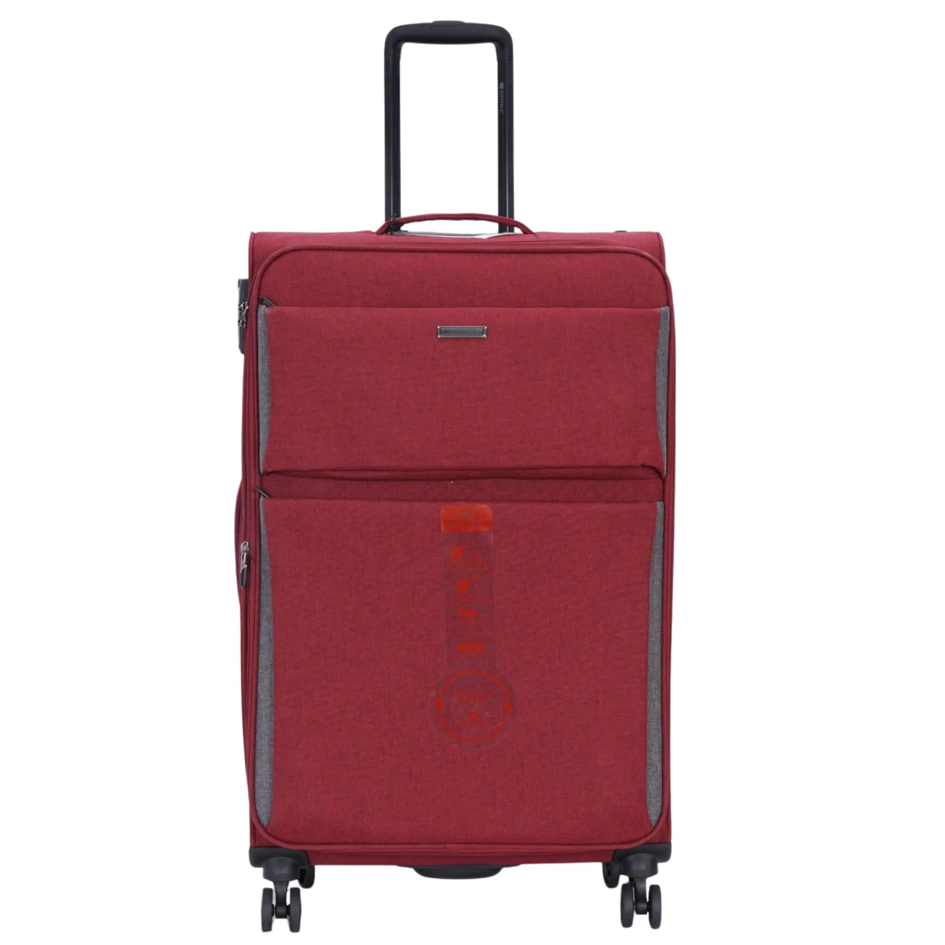 Red suitcase with wheels and handle on a white background