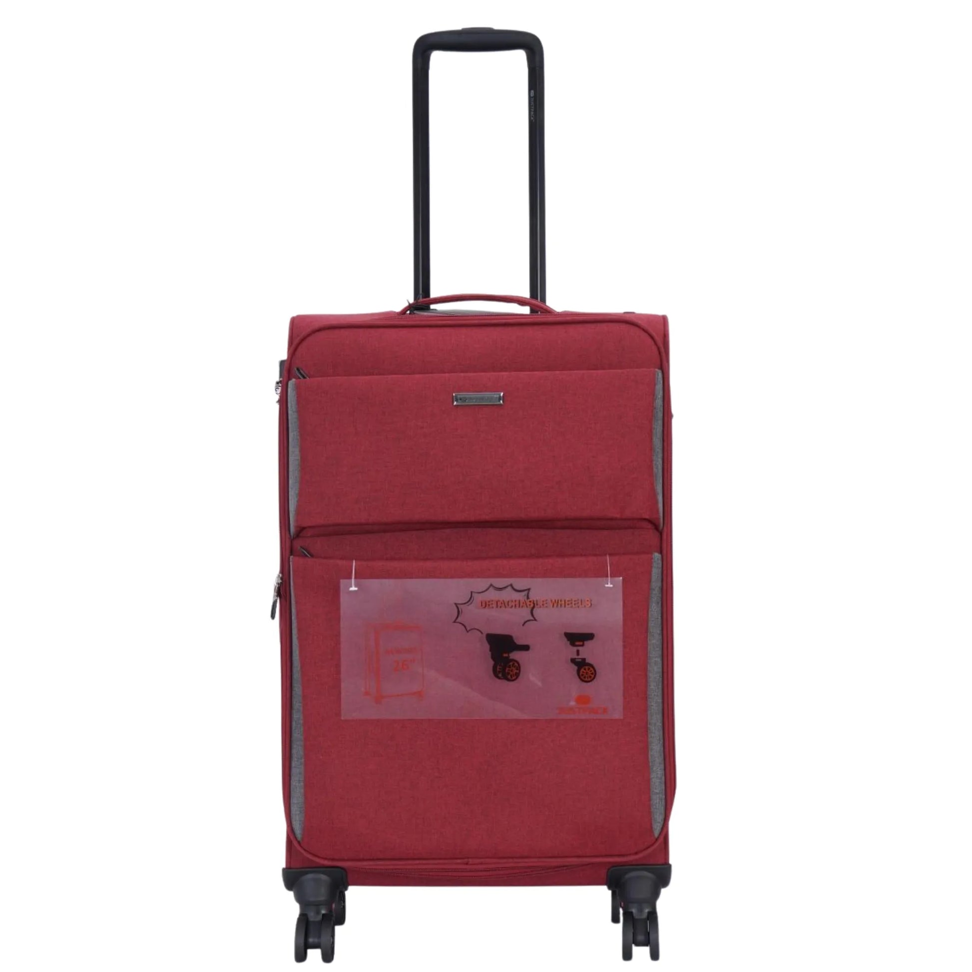 Red suitcase with a clear label on a white background