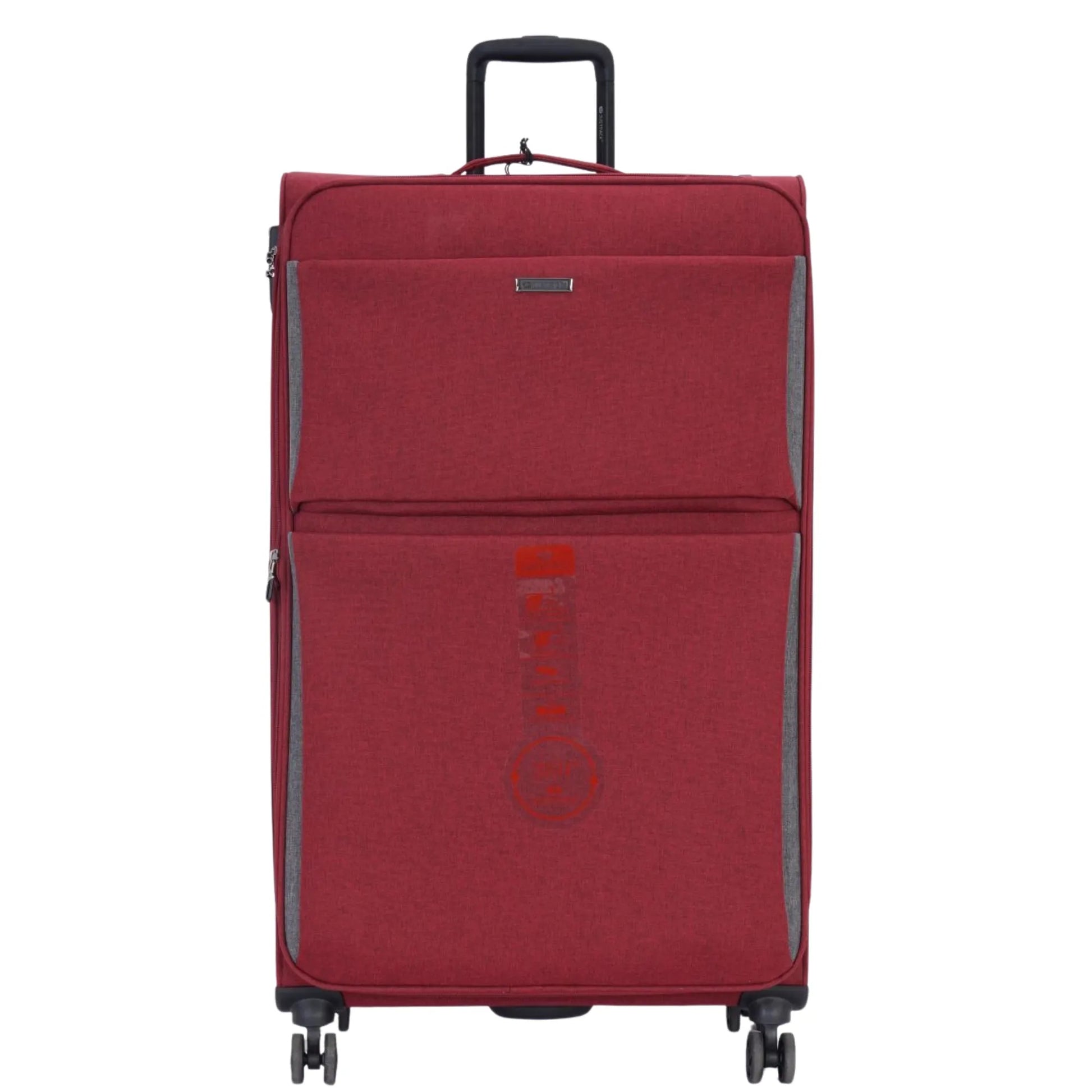 Red suitcase with a visible brand logo on a white background