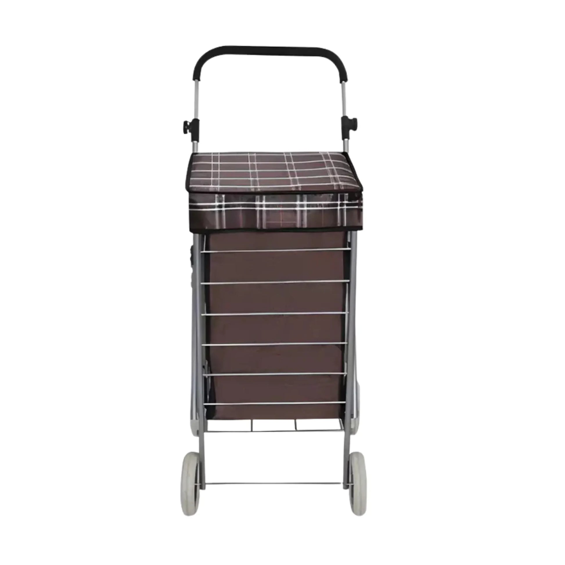 Brown shopping cart with a plaid seat on a white background