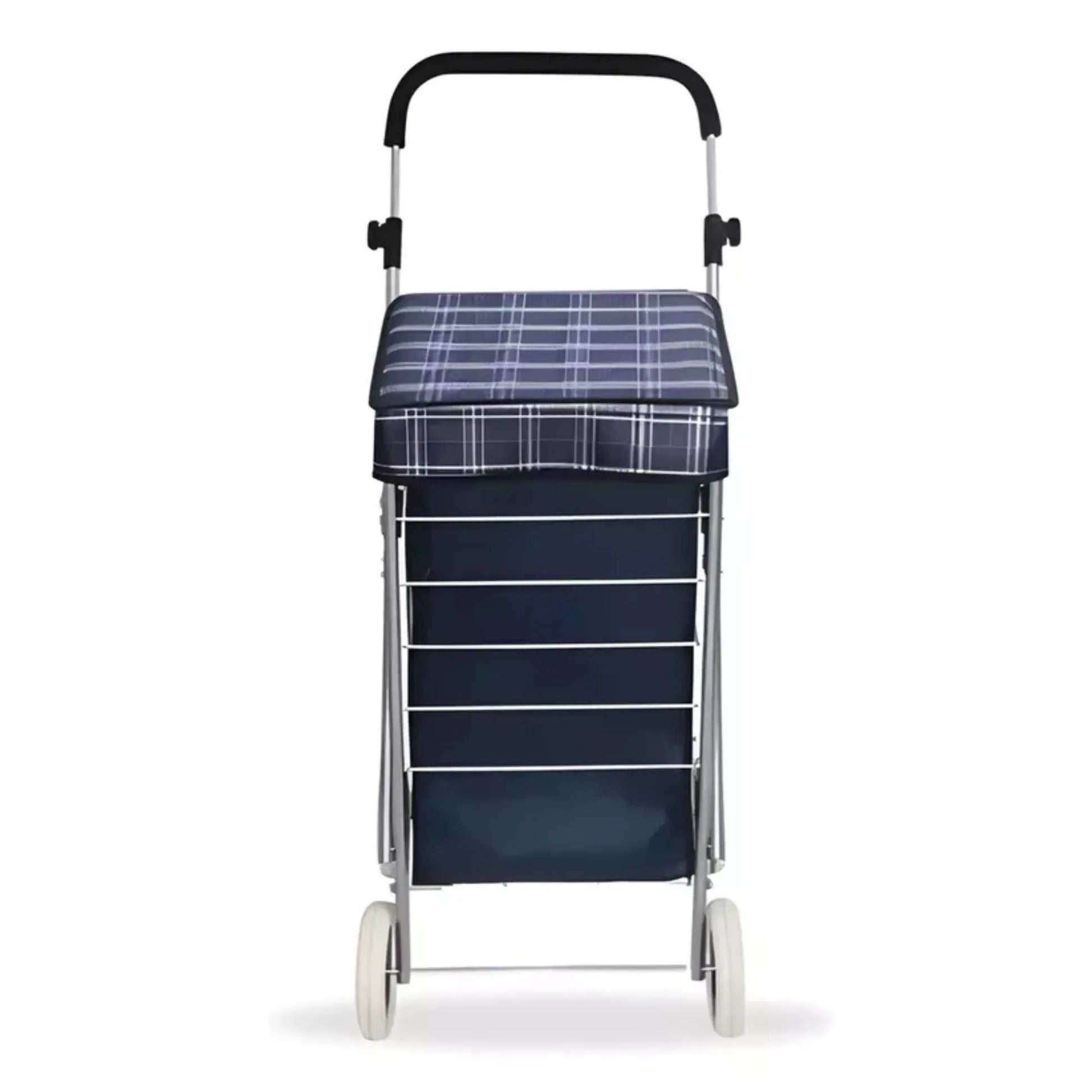 Navy blue plaid shopping cart on a white background