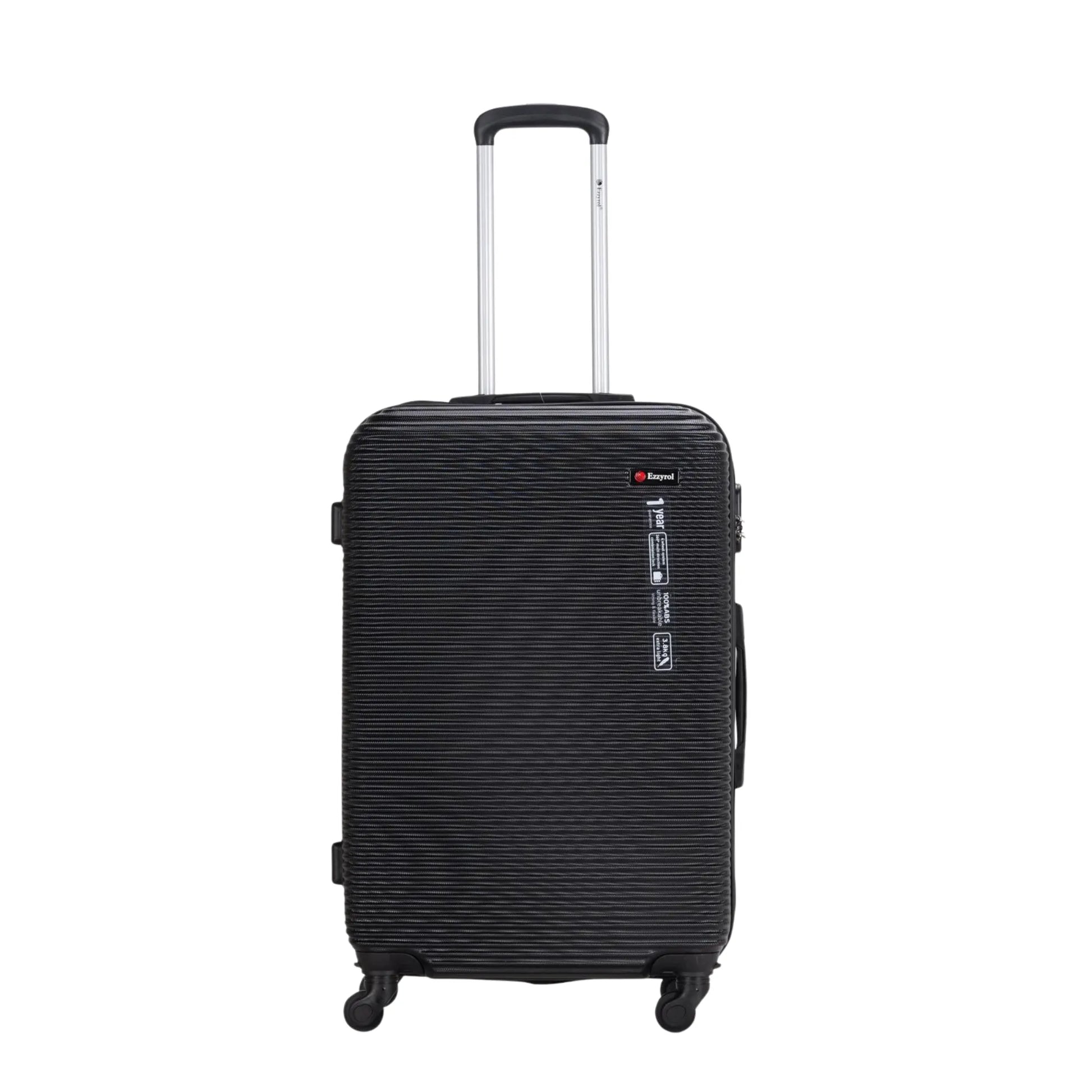 Black suitcase with a visible brand logo on a white background