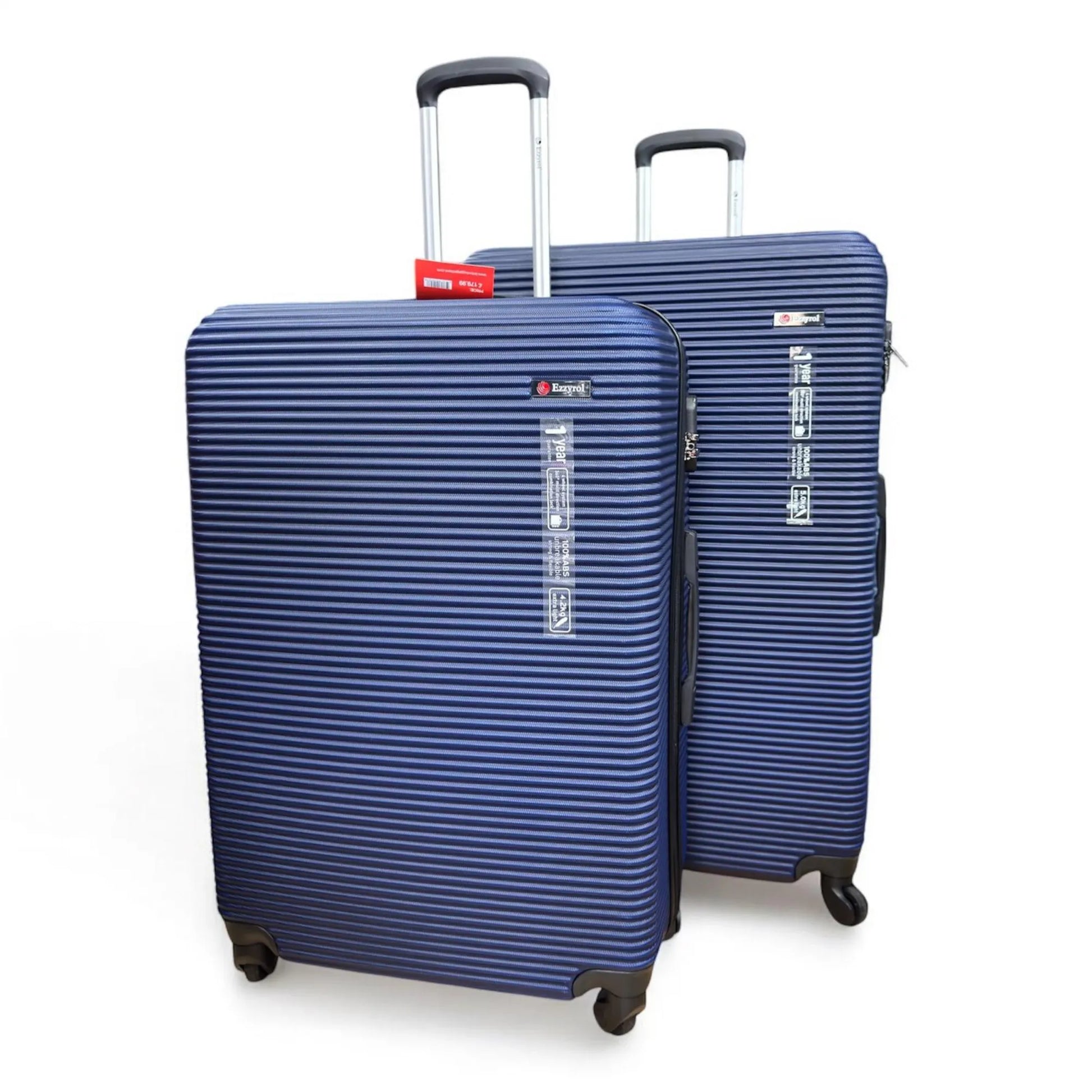 Two blue striped suitcases with a visible brand logo on a white background