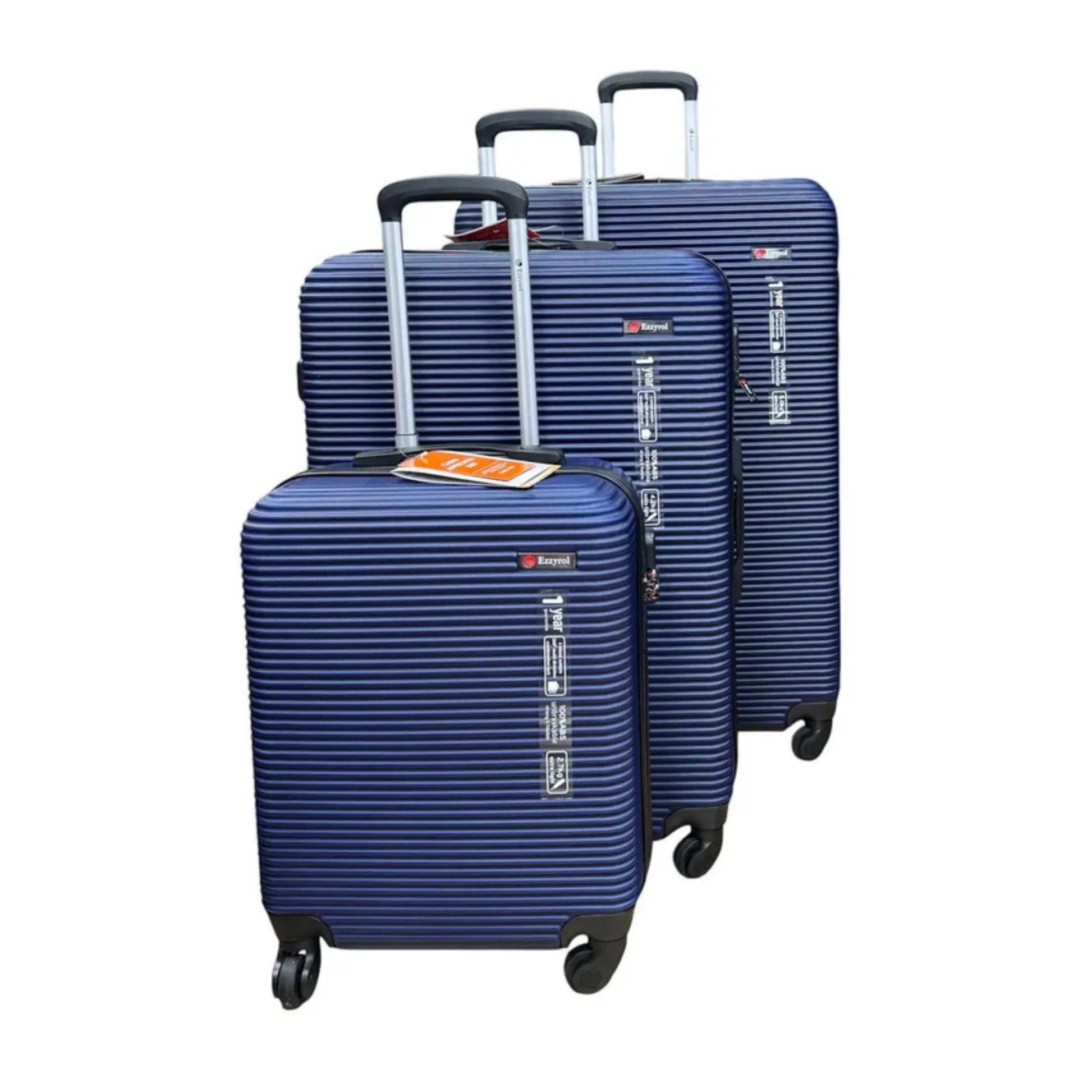 Set of three blue suitcases with visible brand logo on a white background