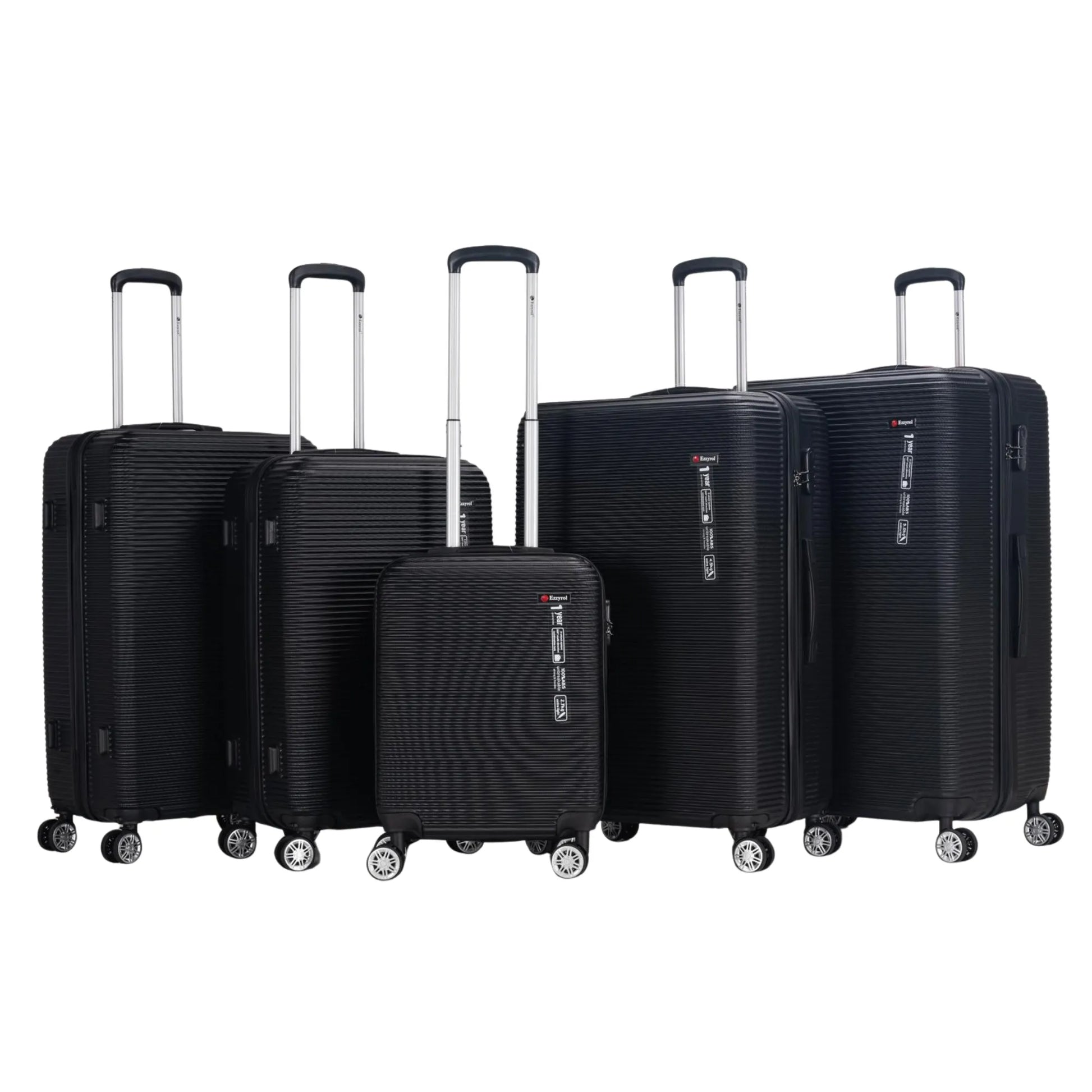 Set of black suitcases with wheels on a white background