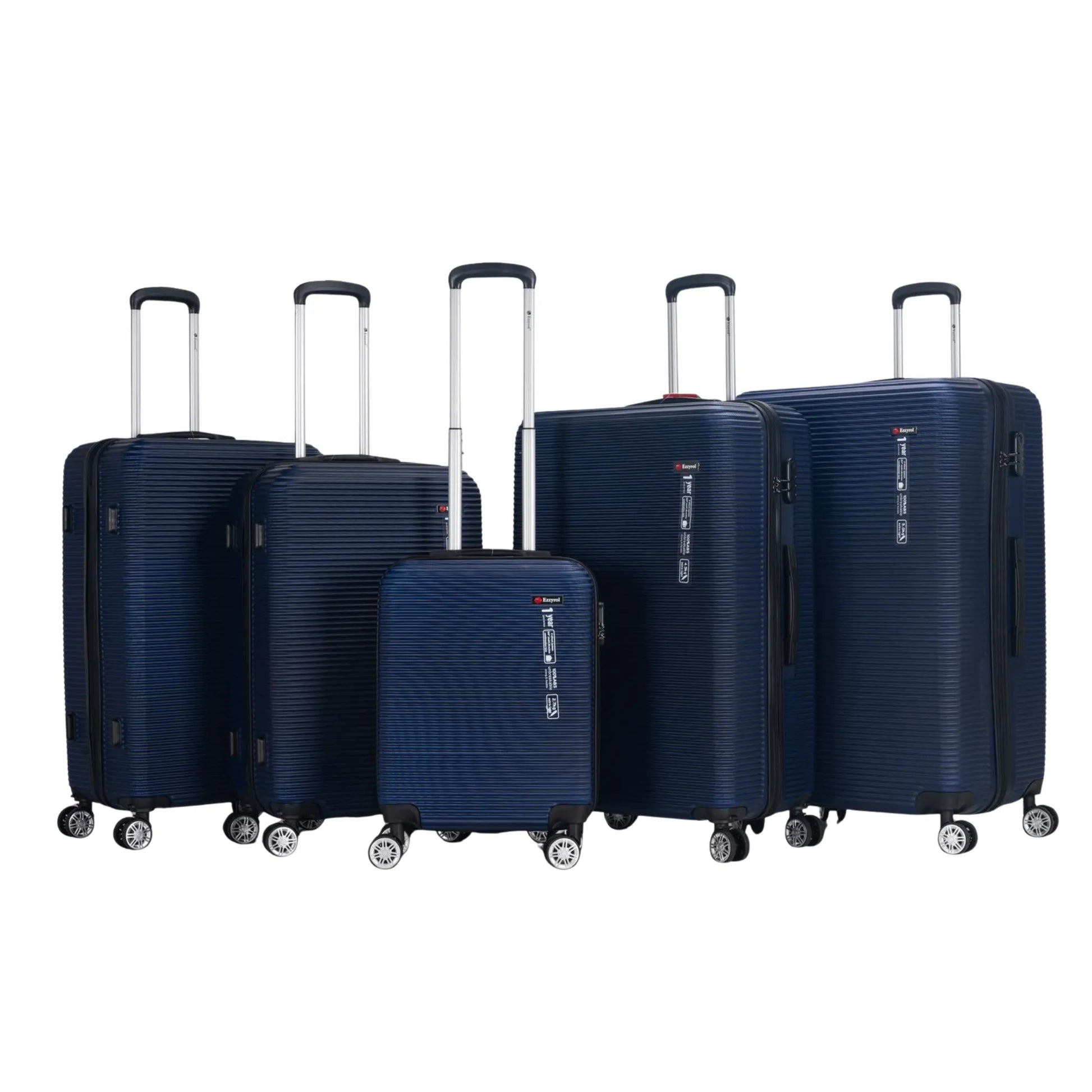 Set of five navy blue suitcases with wheels on a white background
