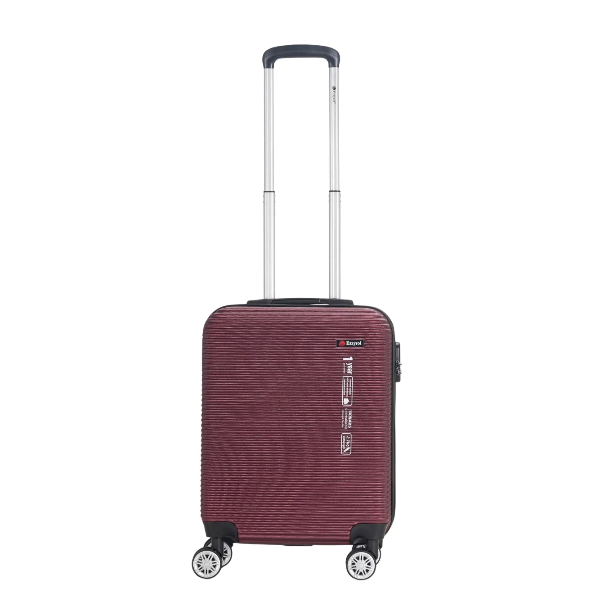 Maroon suitcase with wheels and handle on a white background