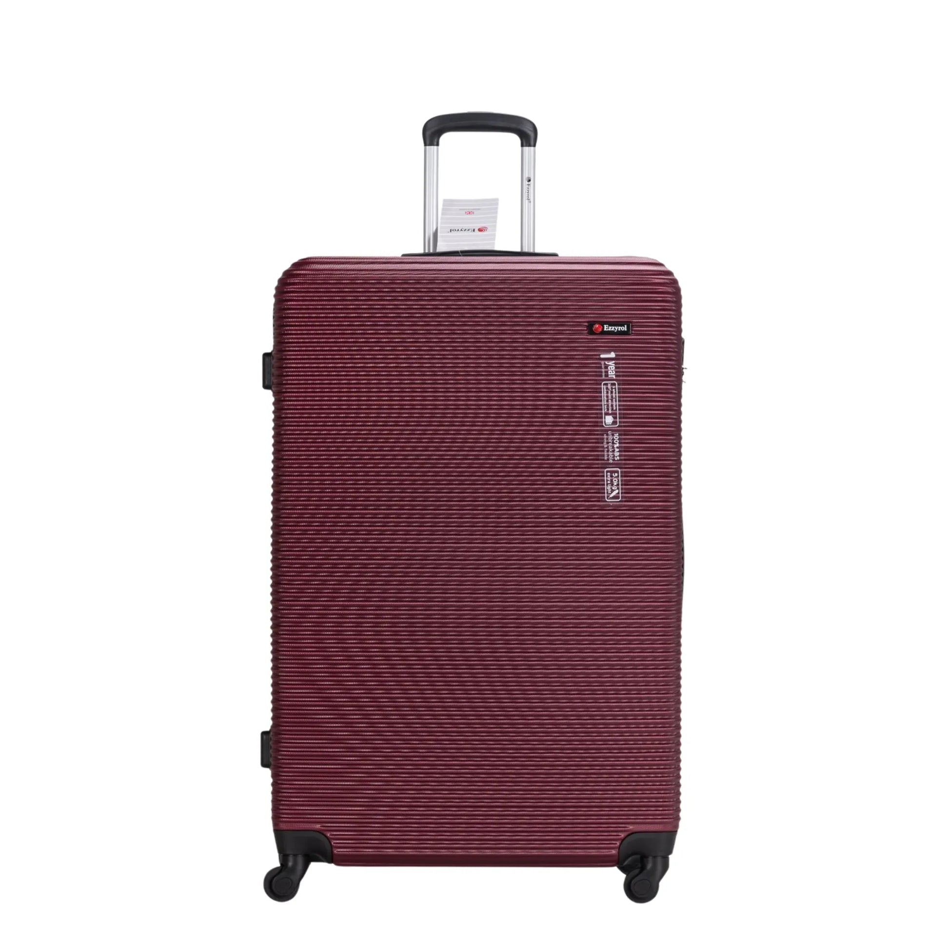 Maroon suitcase with a visible brand logo on a white background