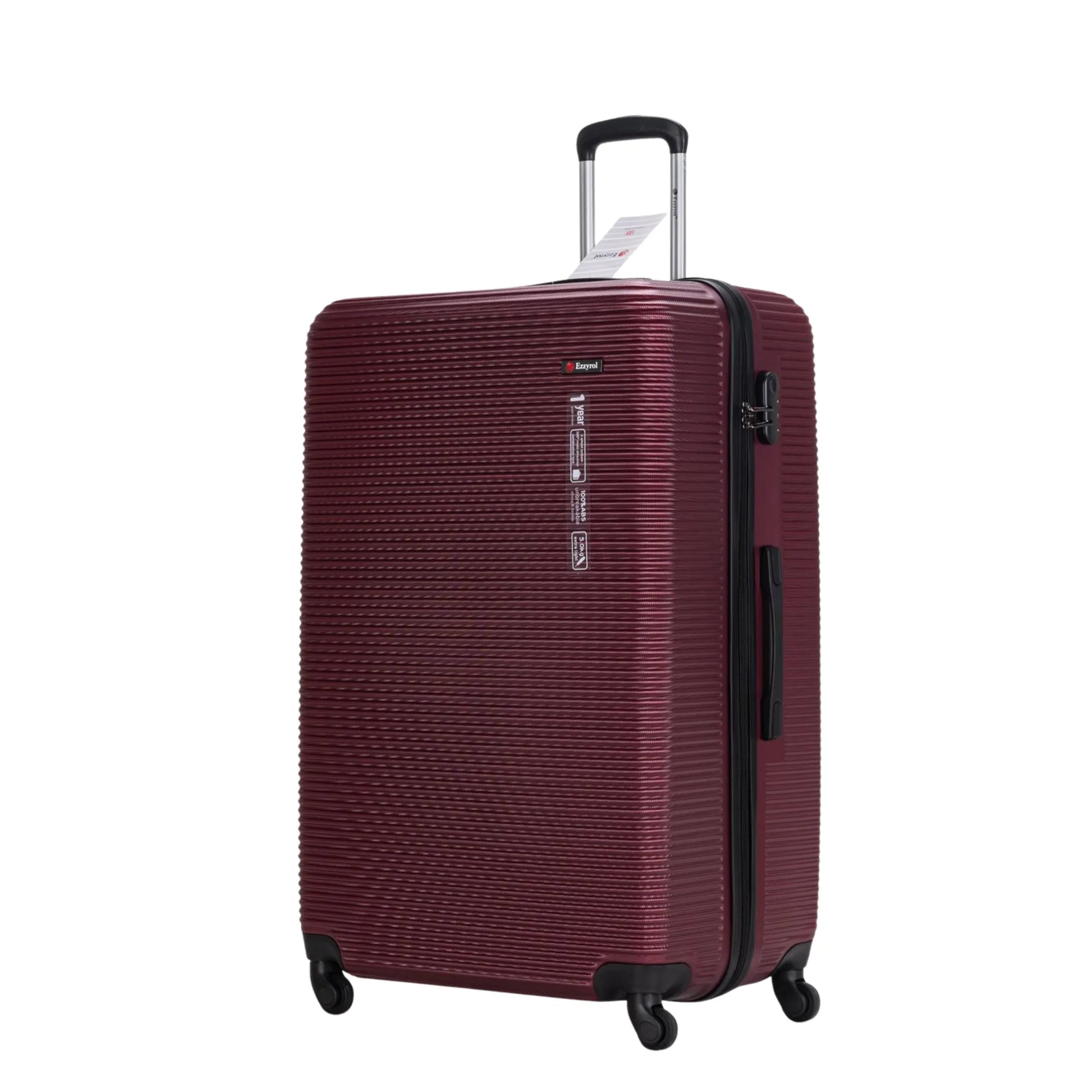 Maroon suitcase with a textured surface on a white background