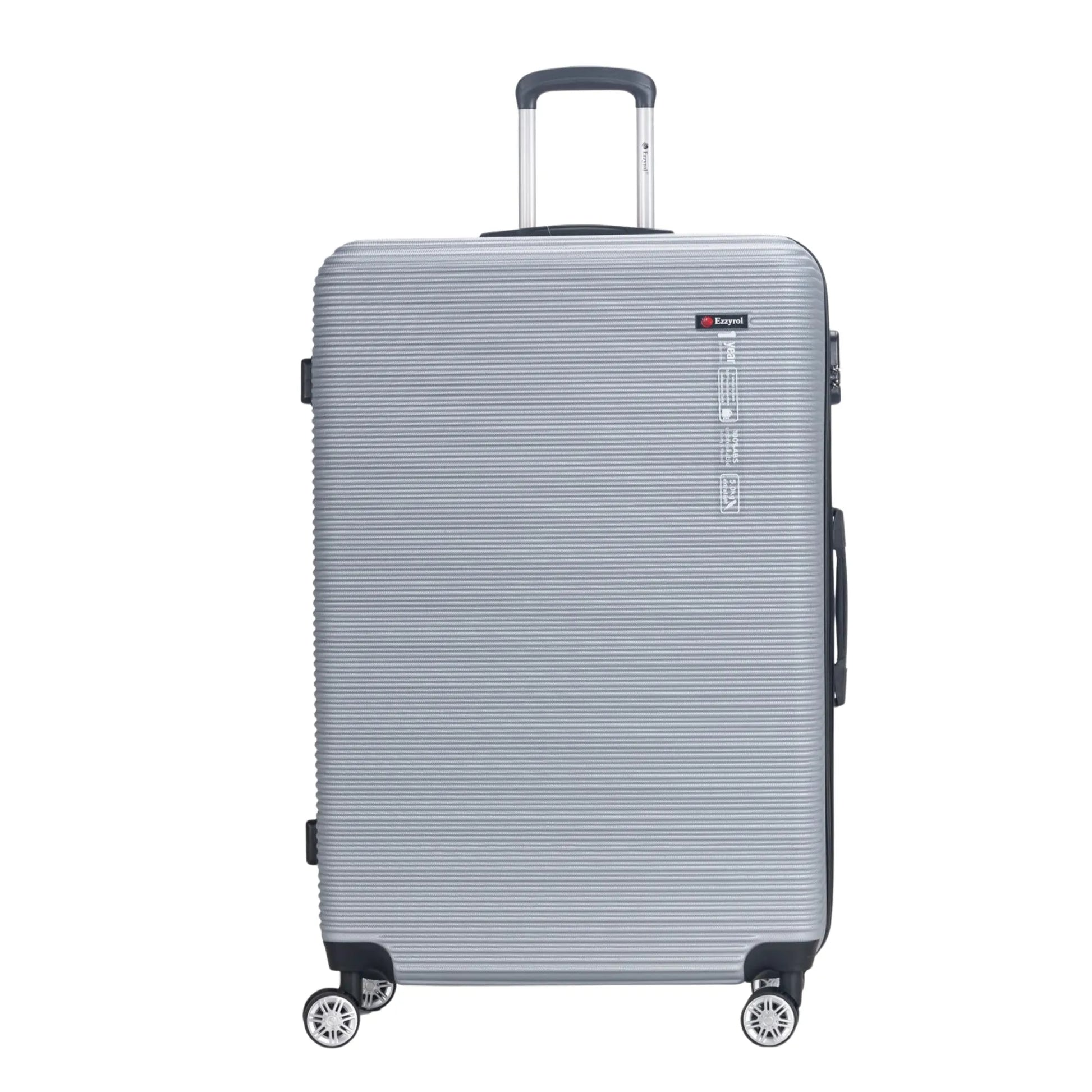 Silver suitcase with a visible brand logo on a white background