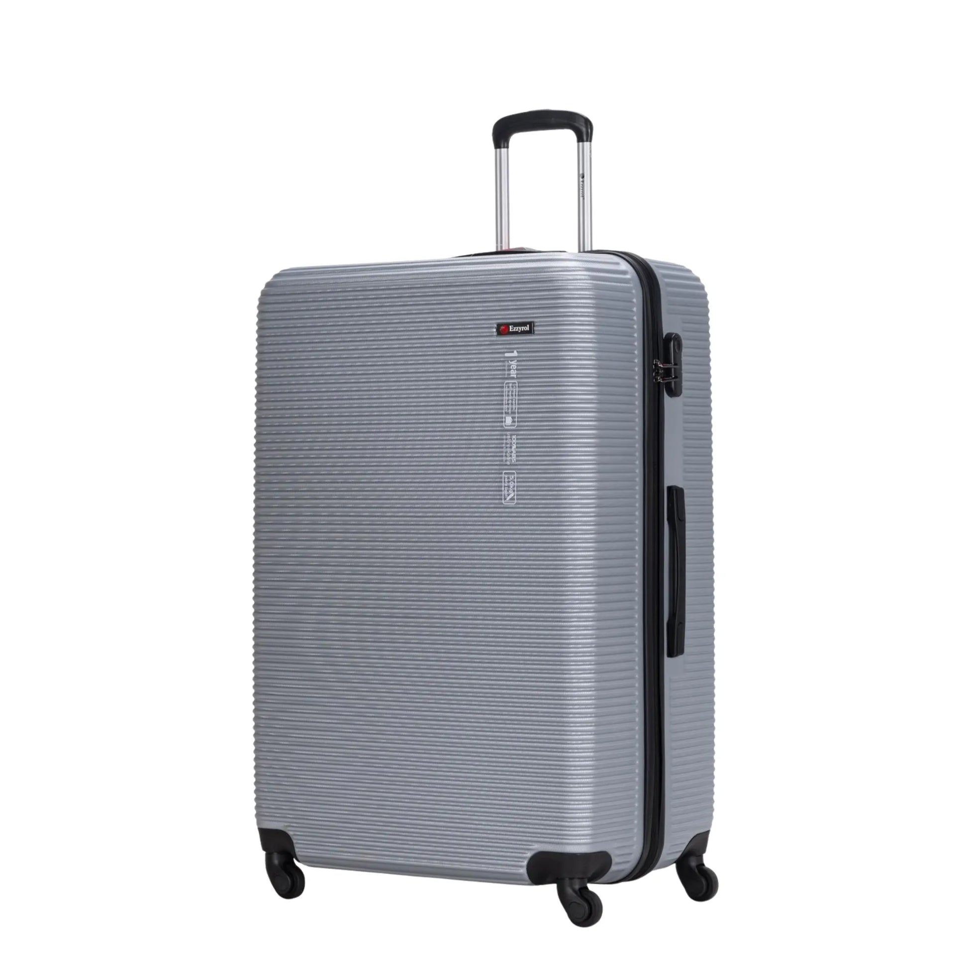 Silver suitcase with black wheels on a white background