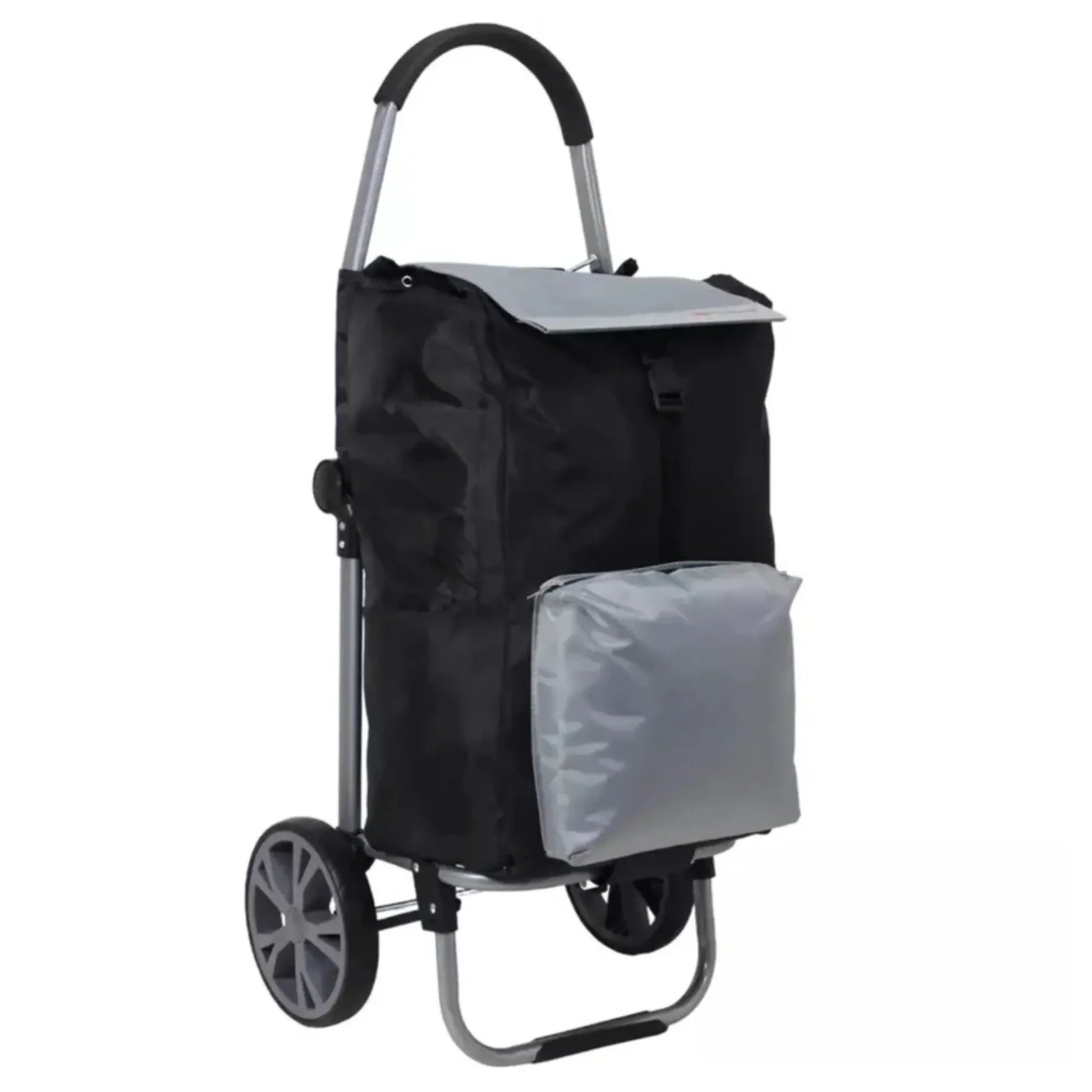 Black shopping cart with a gray bag on a white background