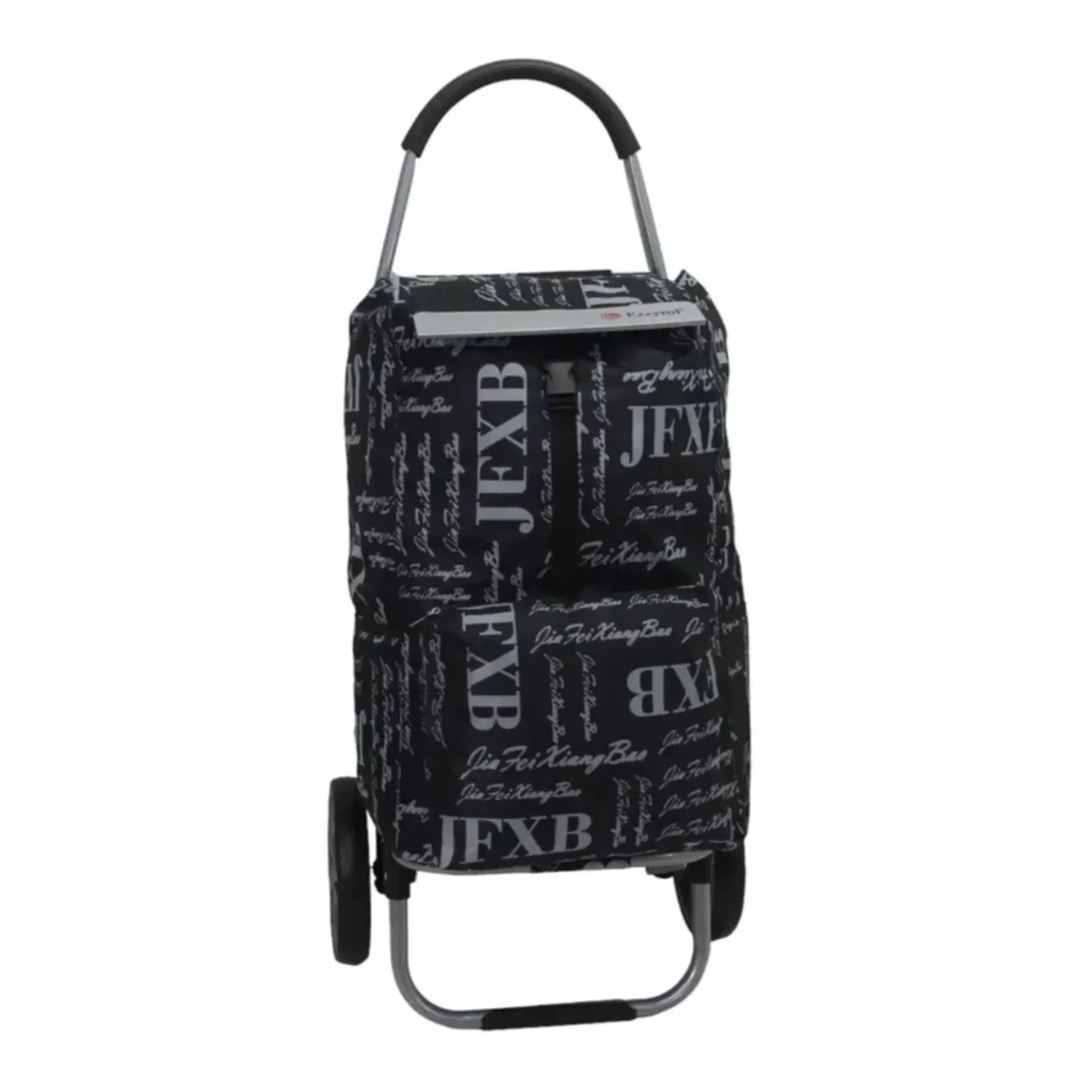Black shopping cart with 'JFXB' text pattern on a white background