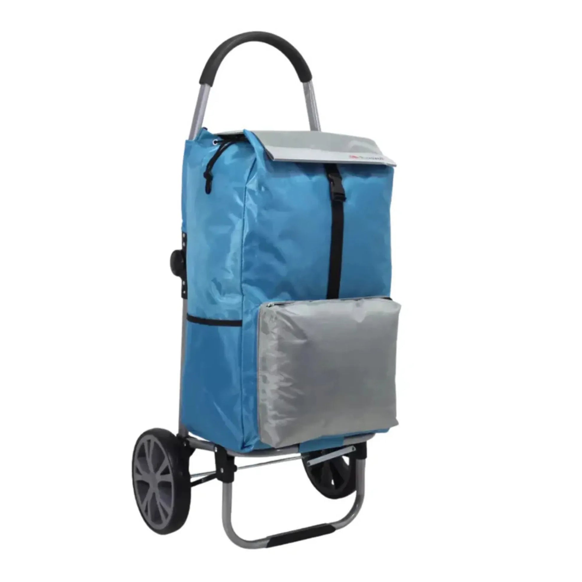 Blue shopping cart with a cooler bag on a white background