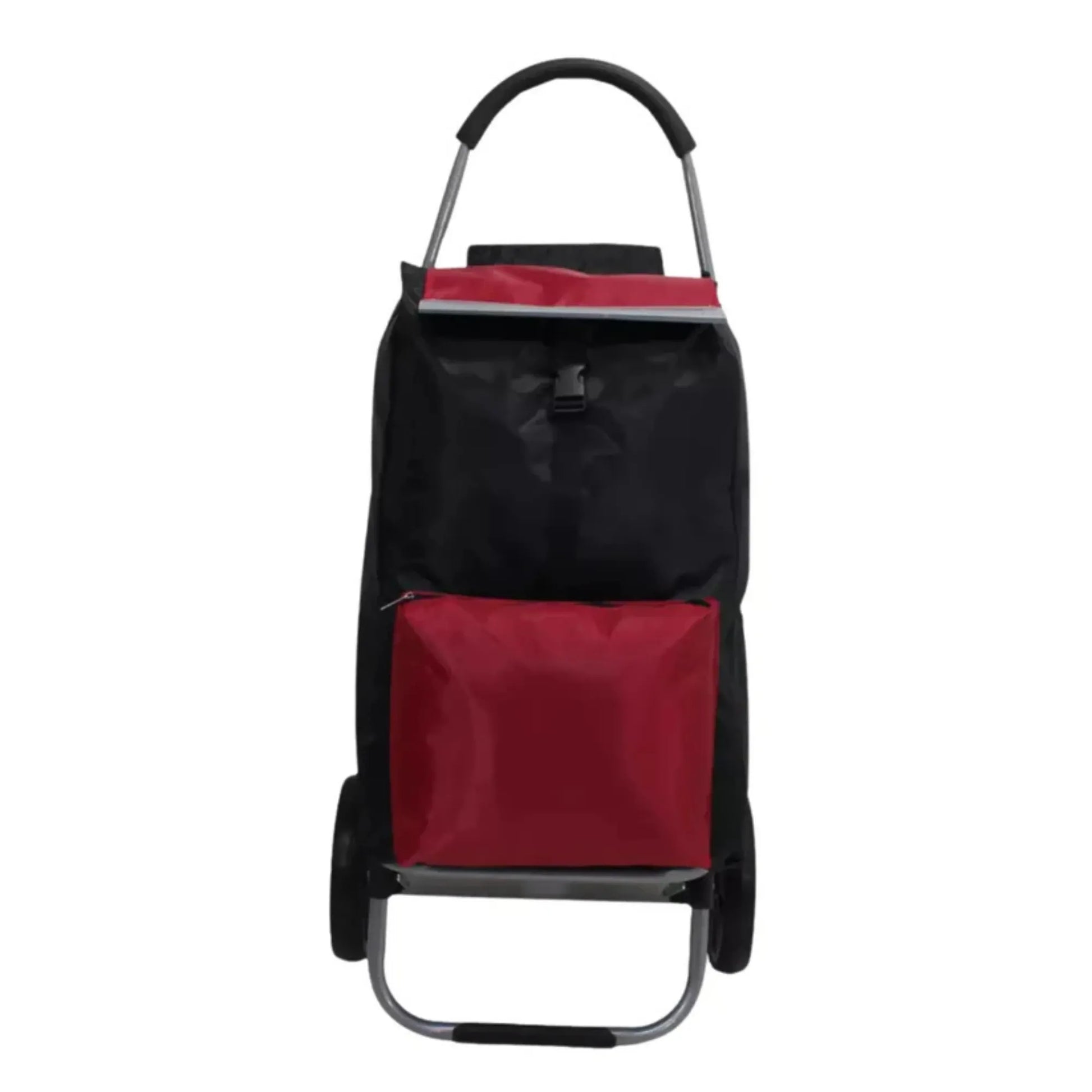 Black and red shopping cart with a bag on a white background