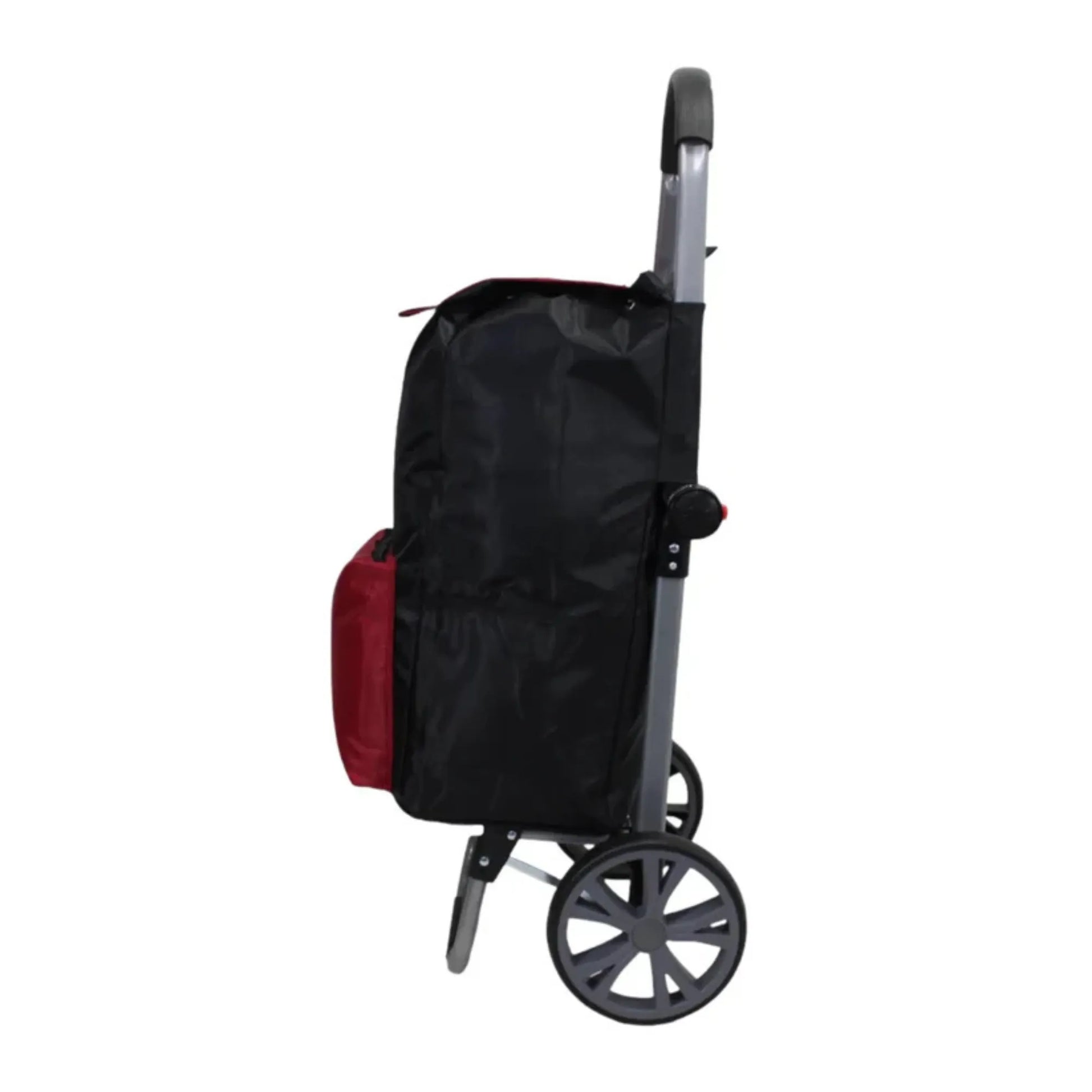 Black shopping cart with a red bag on a white background