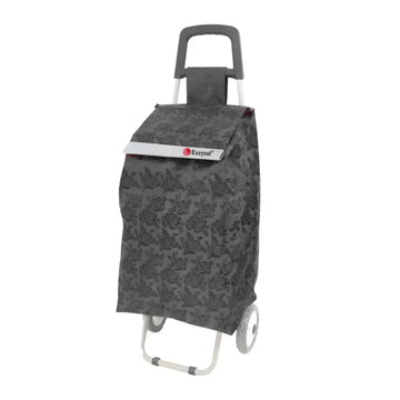 Gray floral-patterned shopping cart bag with a visible brand logo on a white background