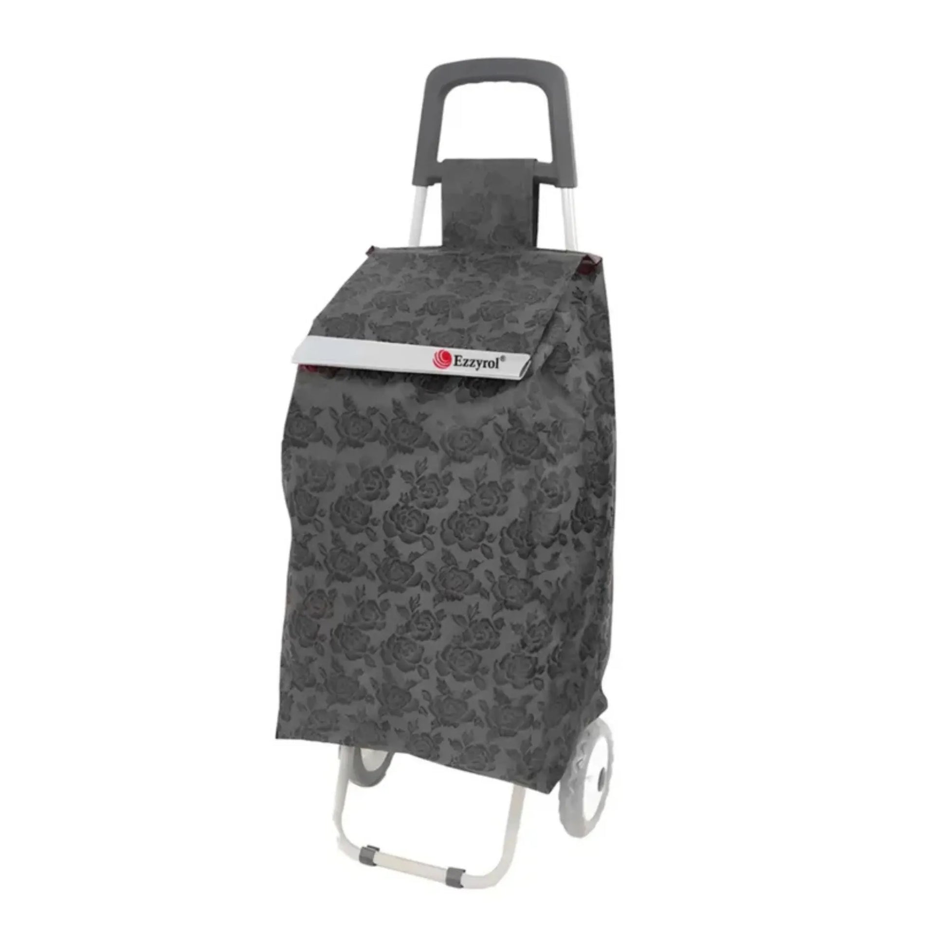 Gray floral-patterned shopping cart bag with a visible brand logo on a white background