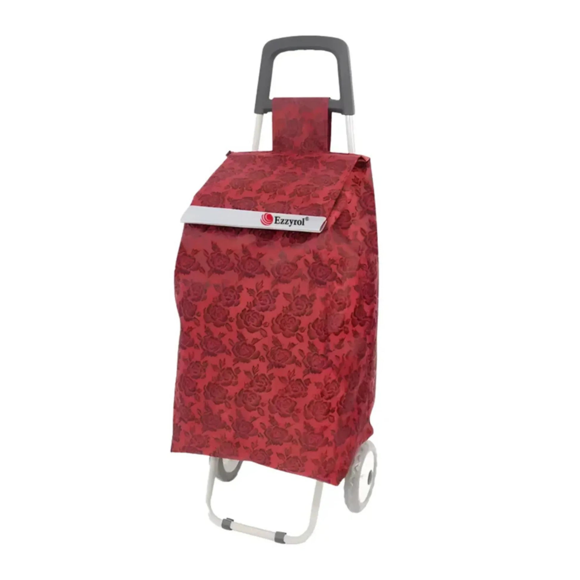 Red floral-patterned shopping cart bag with a gray handle on a white background