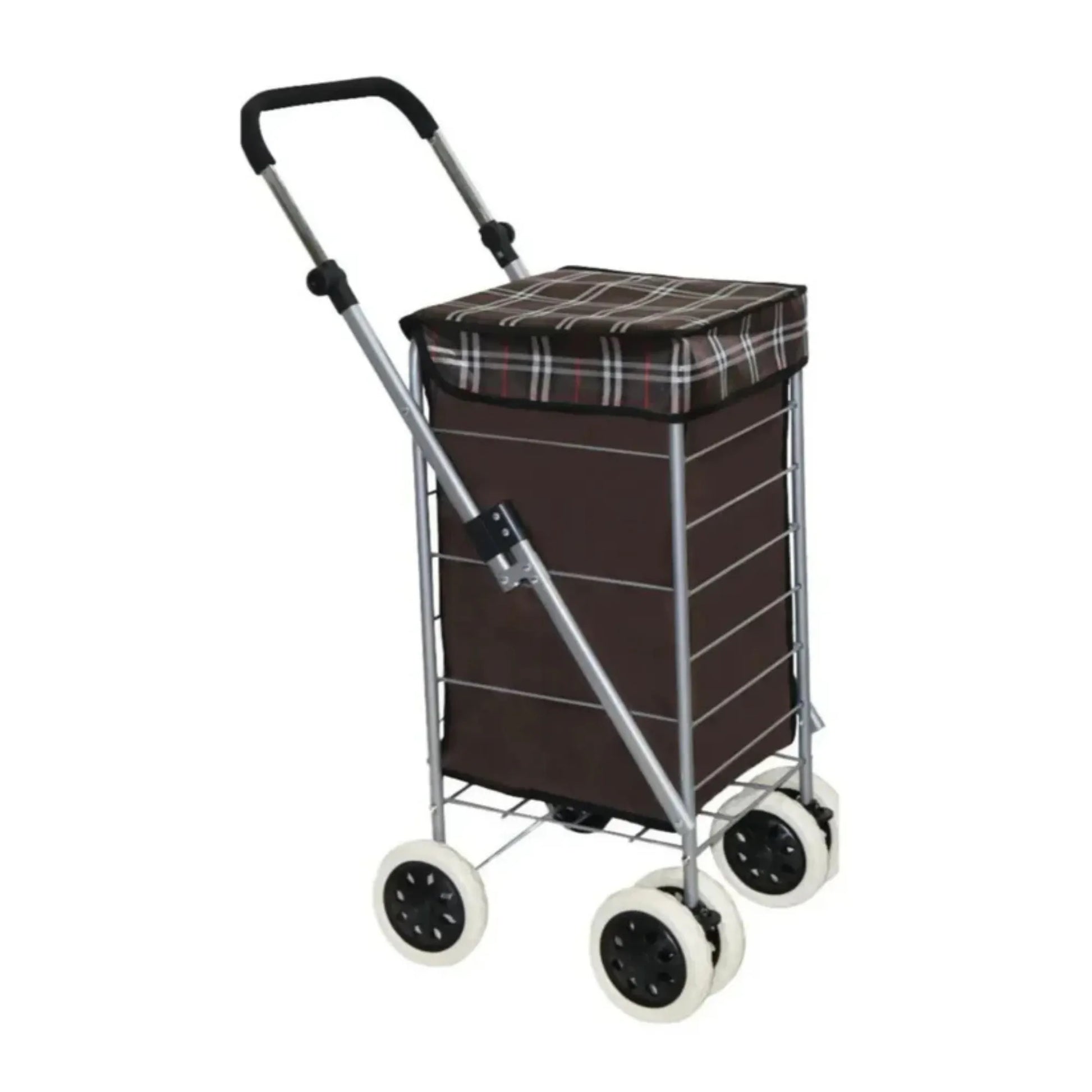 Brown shopping cart with plaid seat on a white background