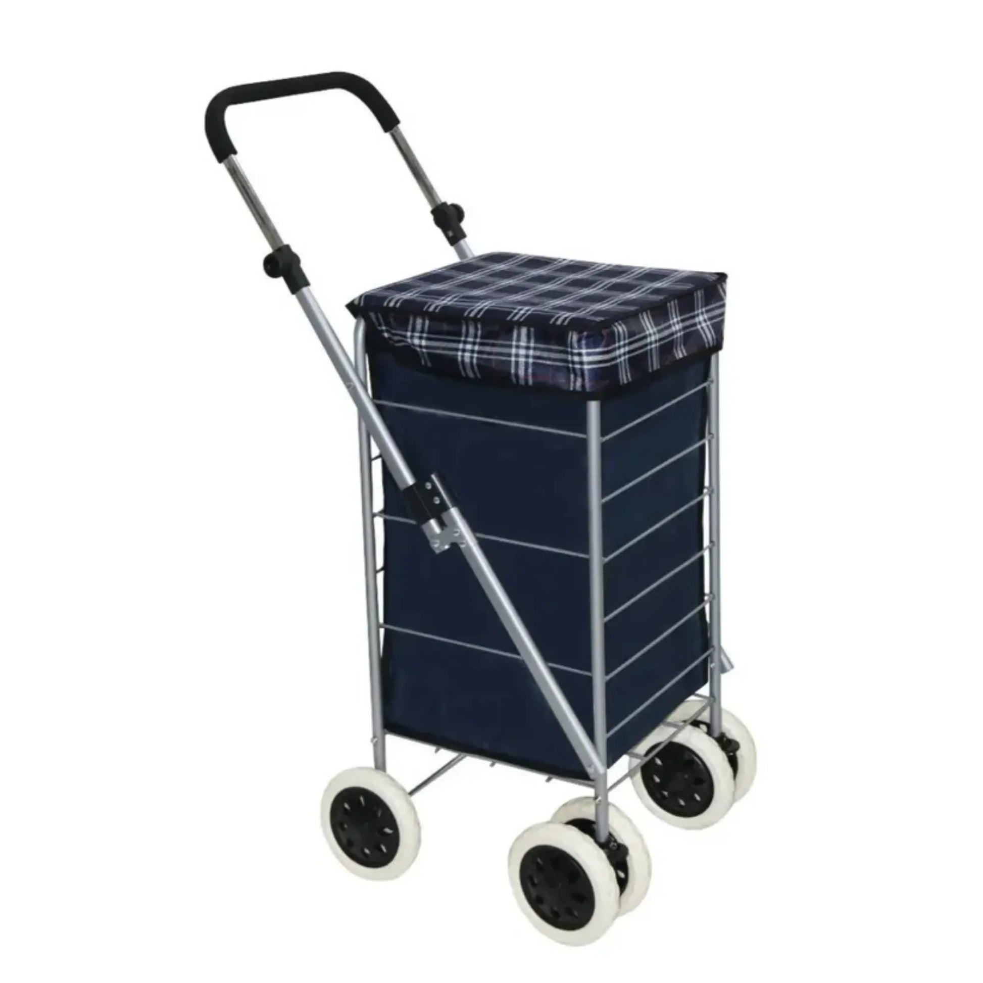 Navy blue shopping cart with a checkered seat on a white background