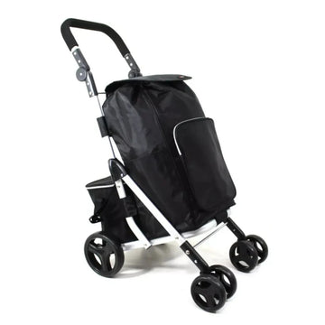 Black and silver stroller on a white background